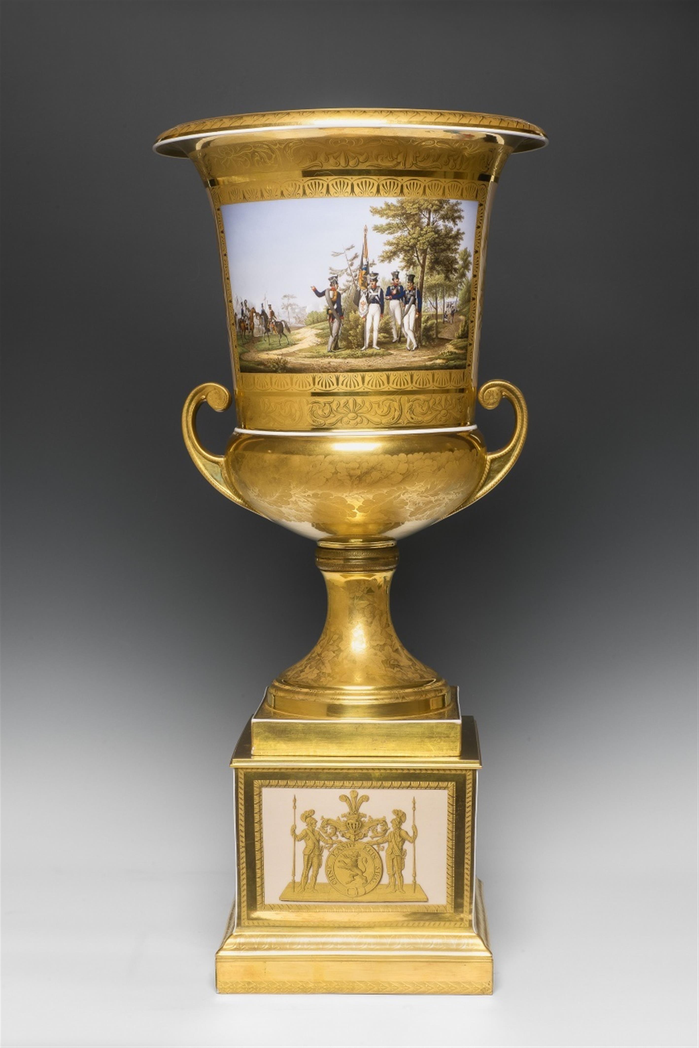 A Berlin KPM porcelain vase with Prussian soldiers and a view of Blücherplatz in Breslau - image-1