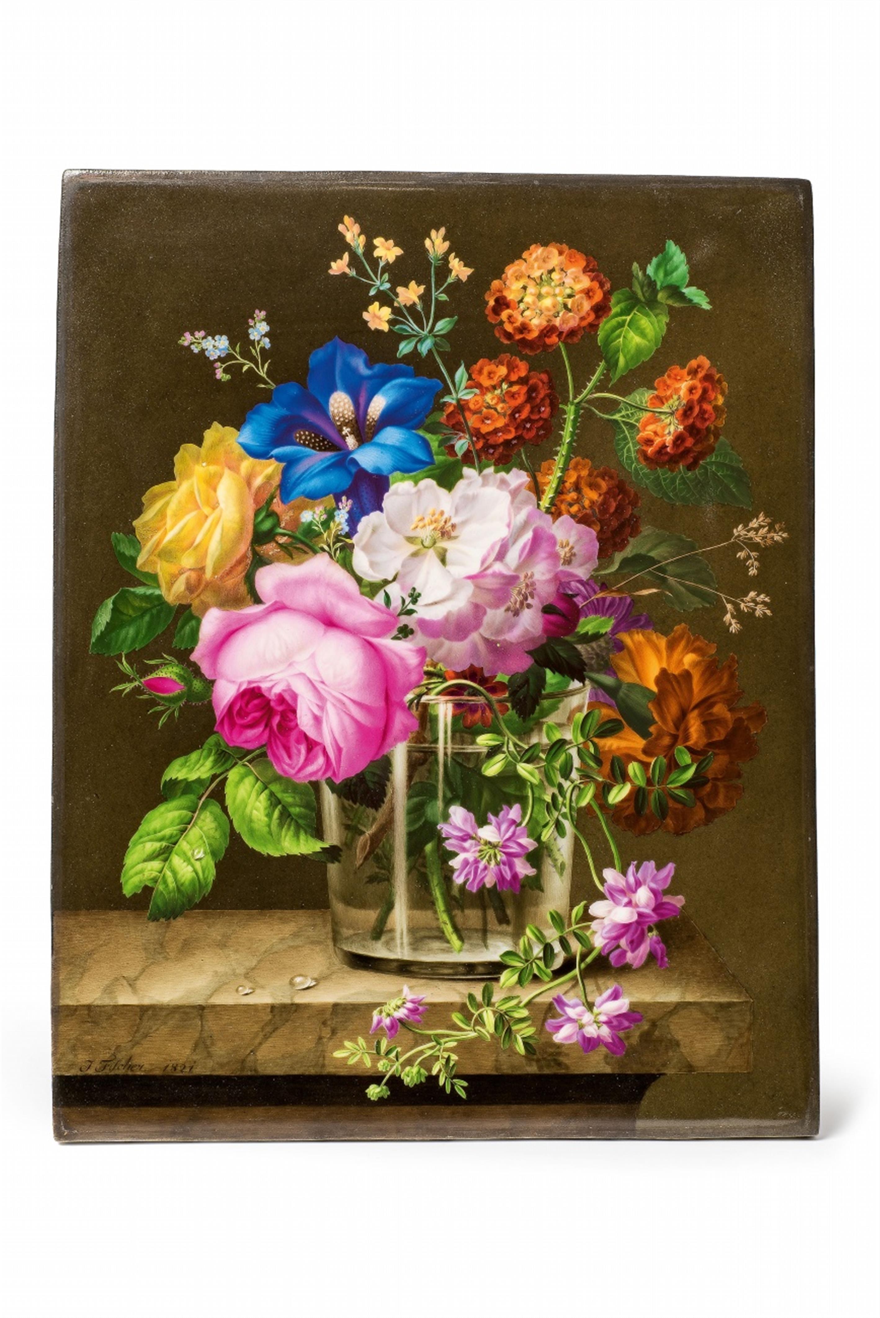 A signed painted porcelain plaque with a vase of flowers - image-1