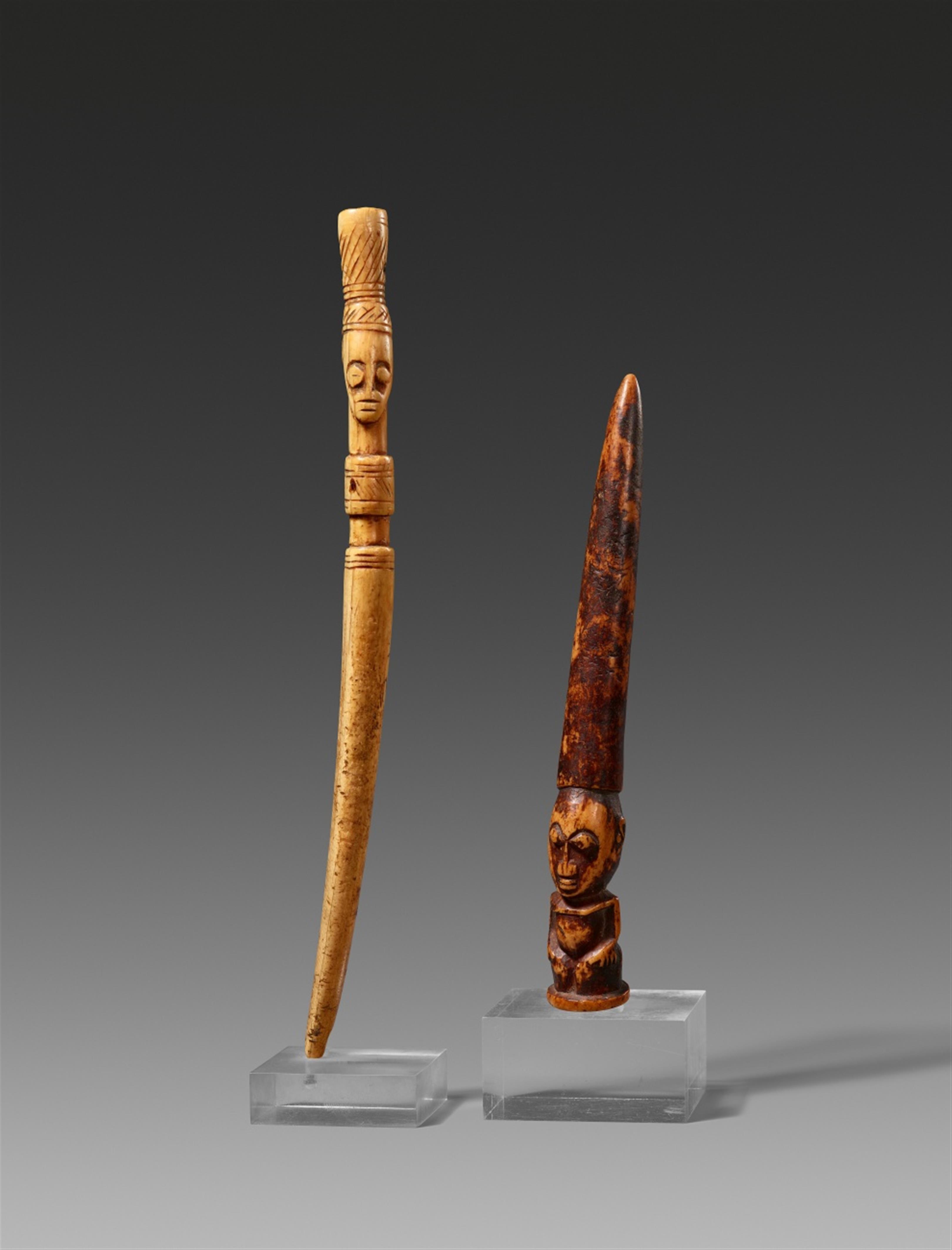TWO YORUBA IVORY TUSKS AND TWO IVORY DIVINATION TAPPERS - image-2