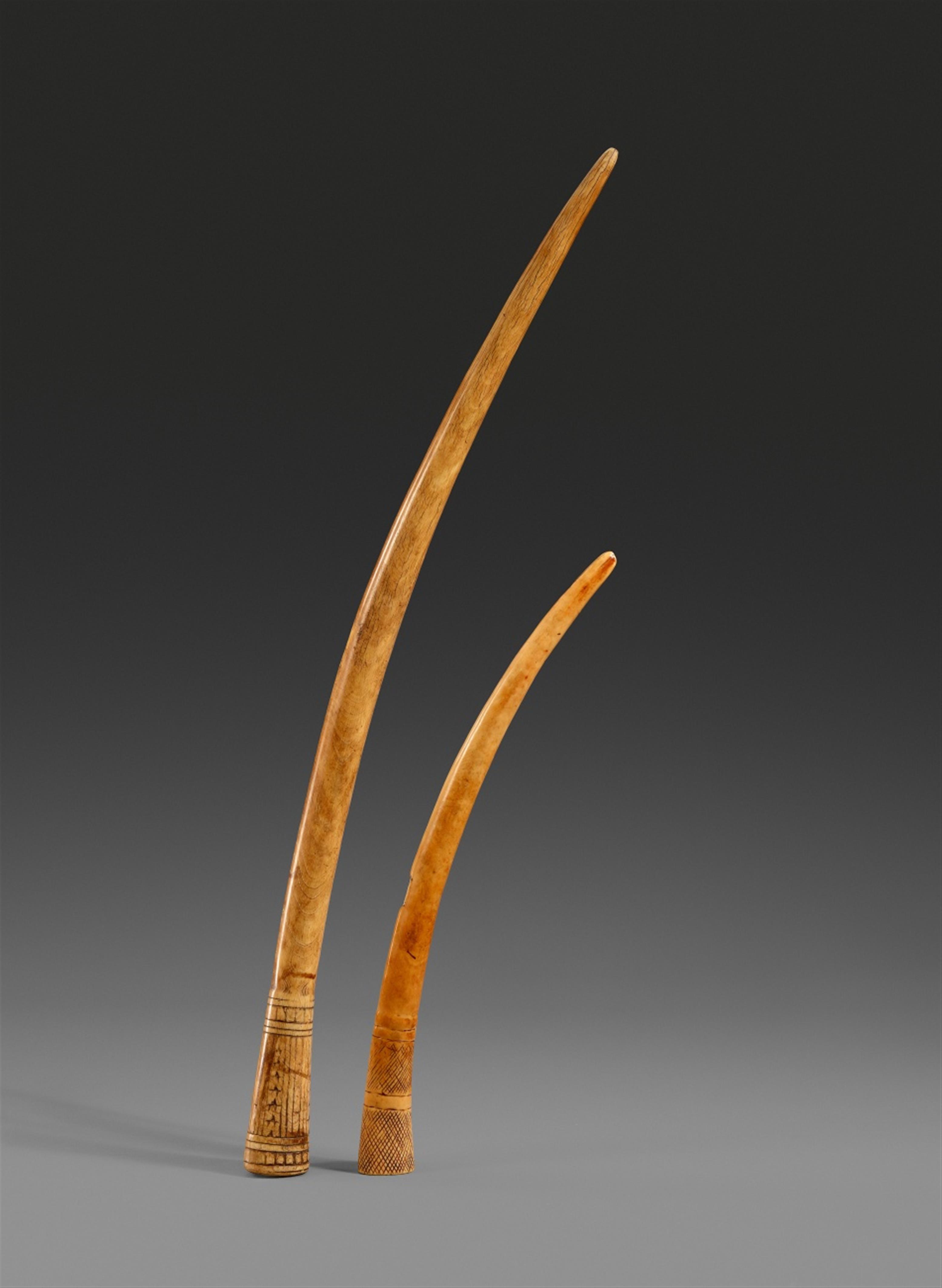 TWO YORUBA IVORY TUSKS AND TWO IVORY DIVINATION TAPPERS - image-1