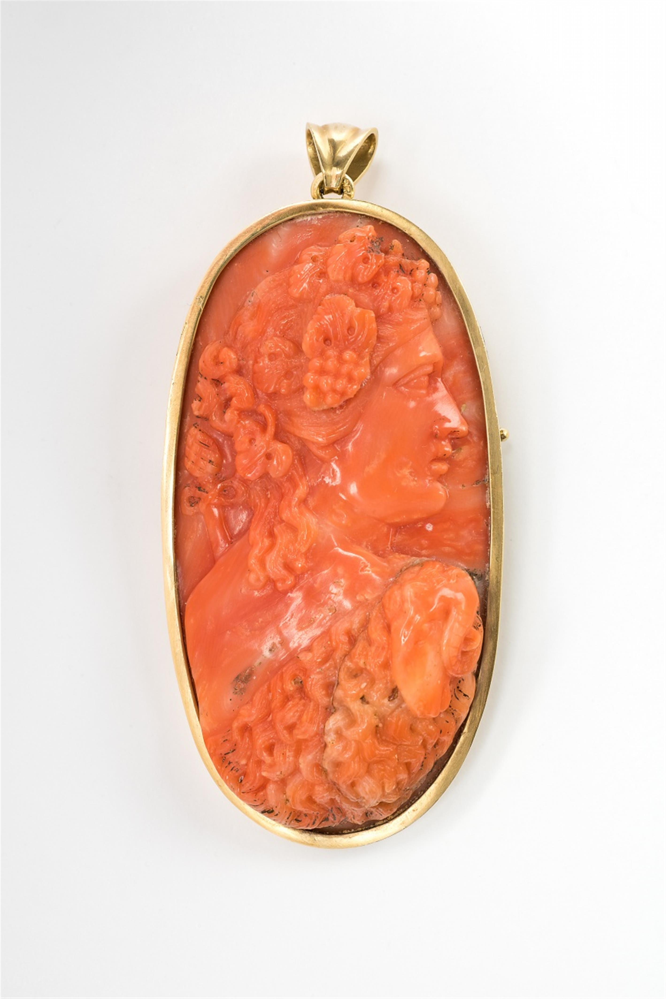 An 18k gold and coral cameo brooch pendant - image-1