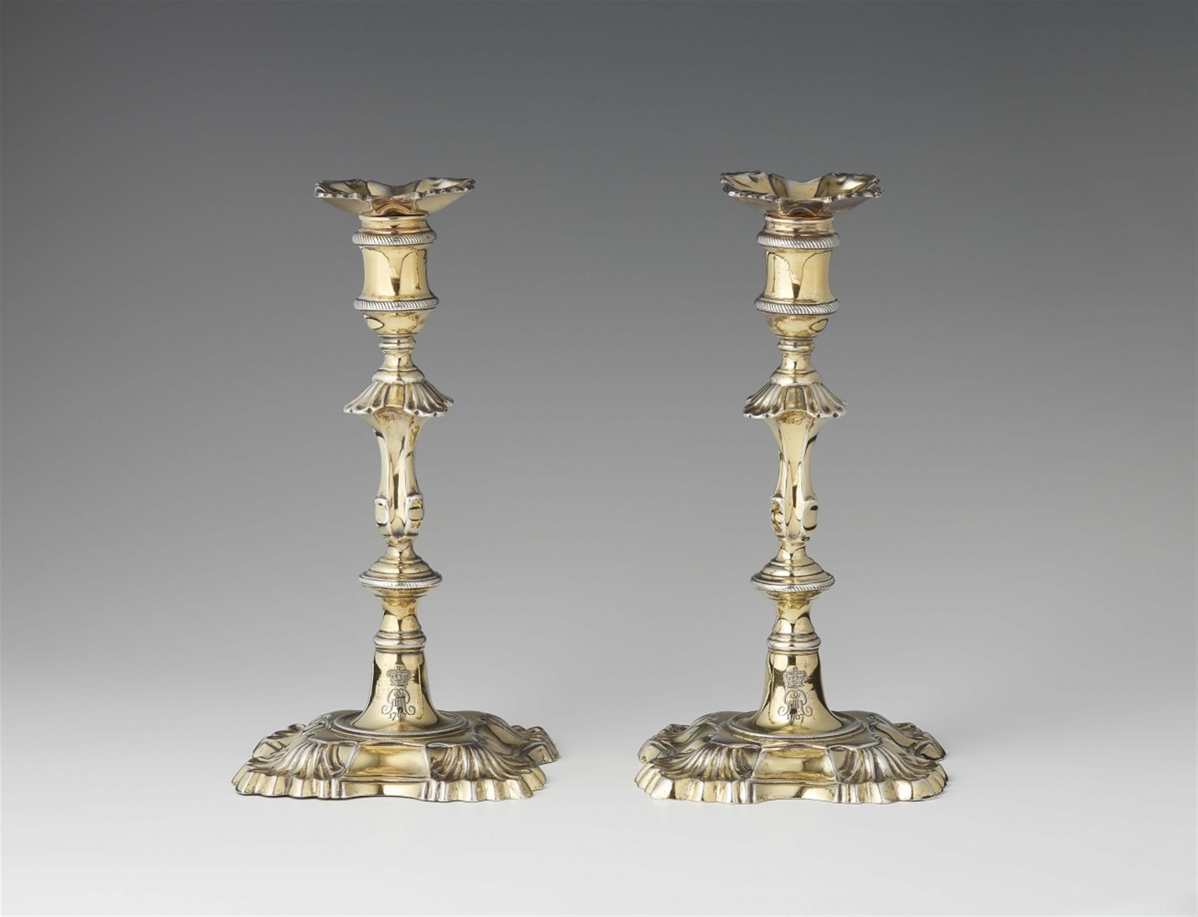 A pair of London silver gilt royal candlesticks for King George III - image-1