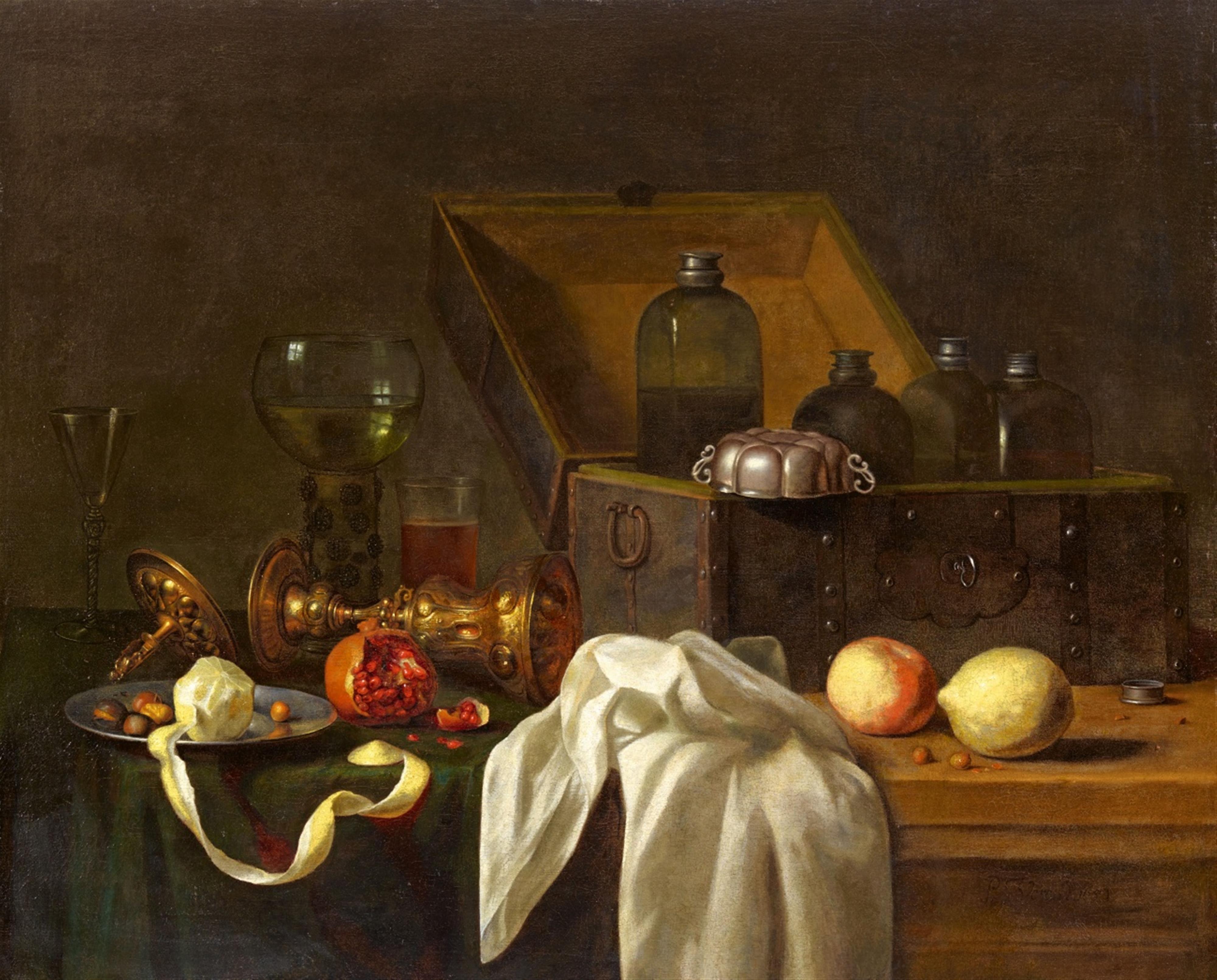 Pieter Harmensz. Verelst - Still Life with a Chest, Dish, Rummer, Columbine Cup, Pomegranate, Lemons, and Olives - image-1