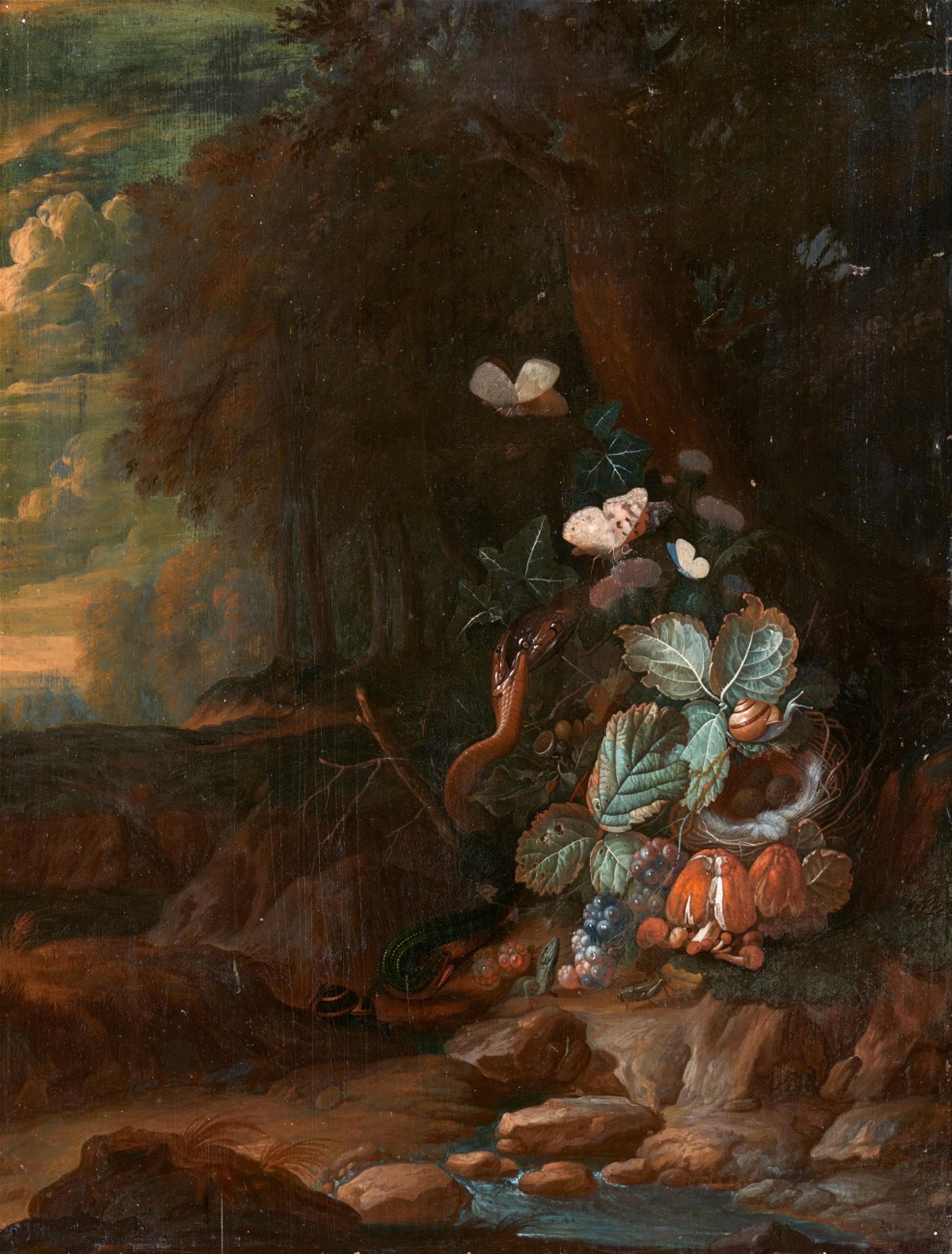 Niederländischer Meister des 17. Jahrhunderts - Waldstillleben mit Vogelnest, Insekten, Reptilien, Brombeeren und Pilzen - image-1