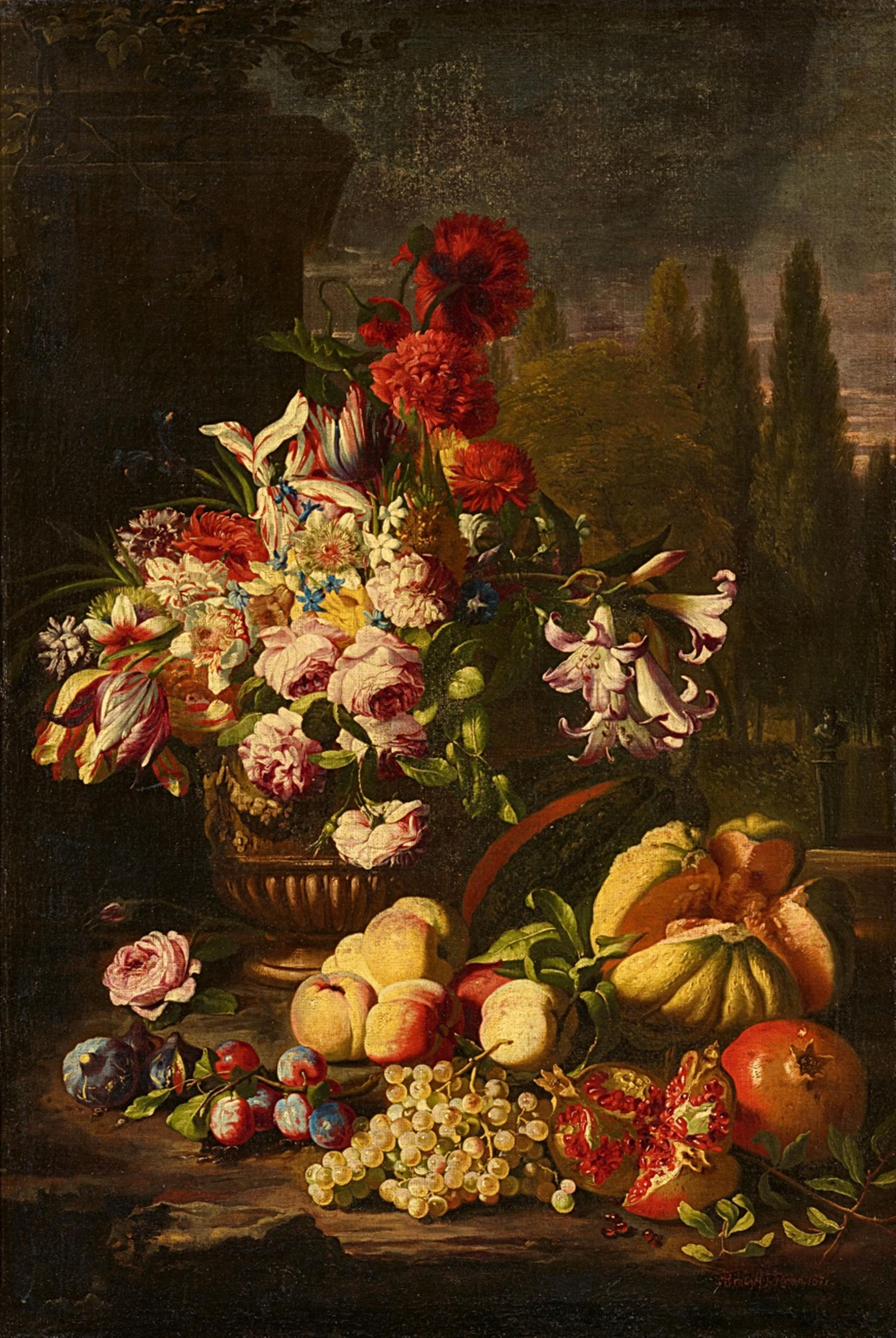 Abraham Brueghel - Flower and Fruit Still Life in a Park Landscape - image-1