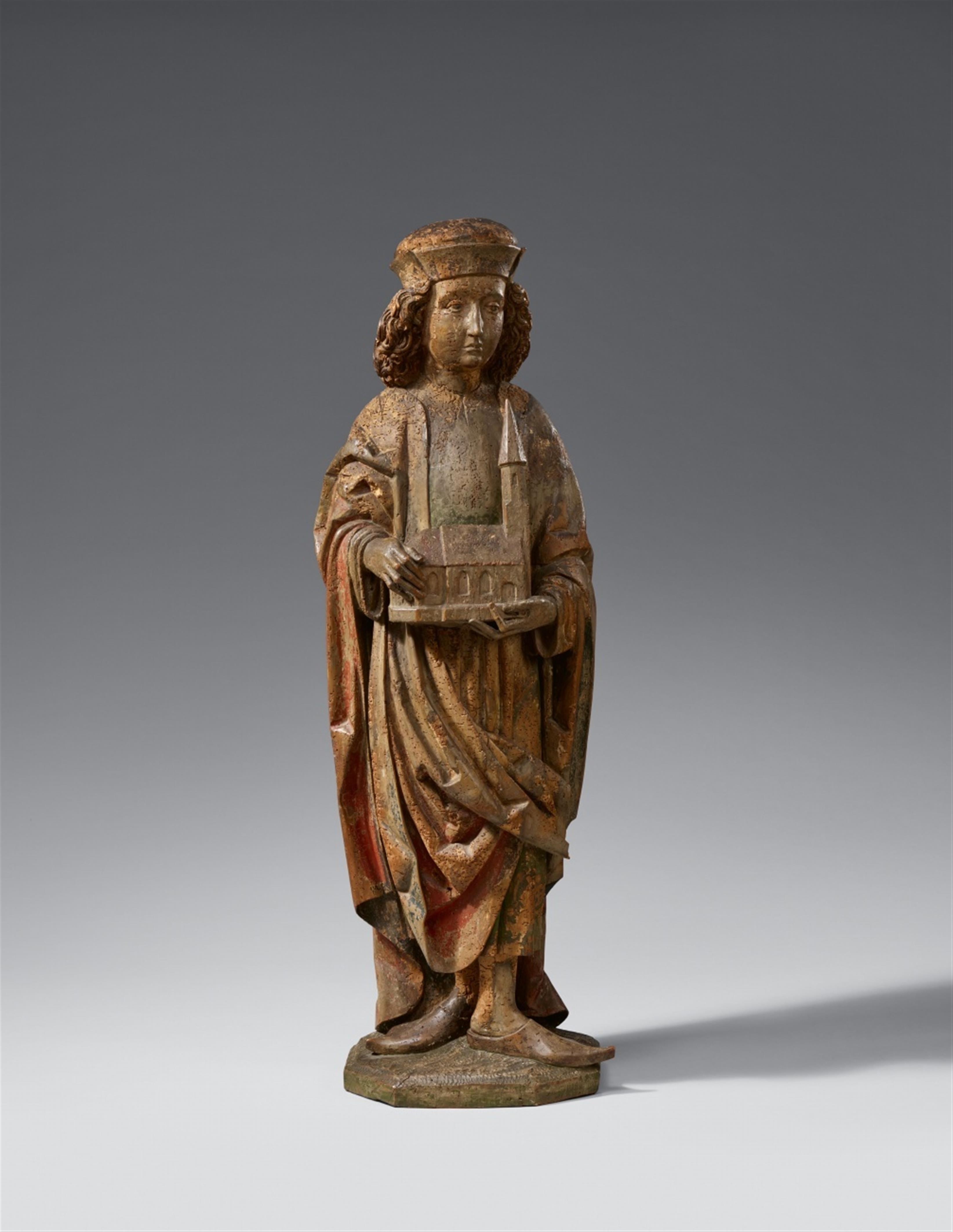 Probably Austria late 15th century - A high relief figure of a Saint with a church model, probably Austrian, around 1500 - image-1