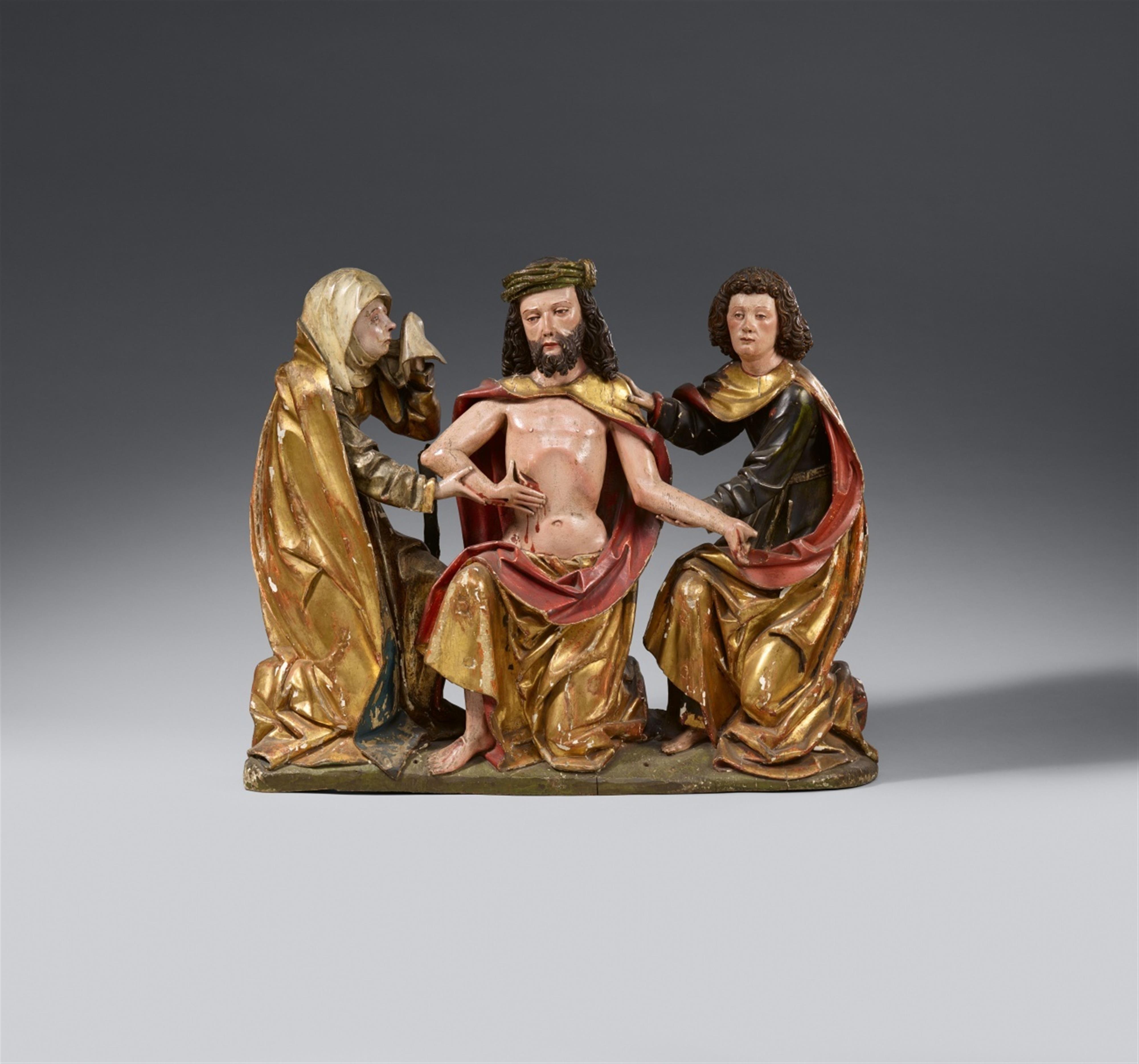 Bavaria - A Bavarian wooden high relief group of Christ, the Virgin, and Saint John, circa 1500 - image-1