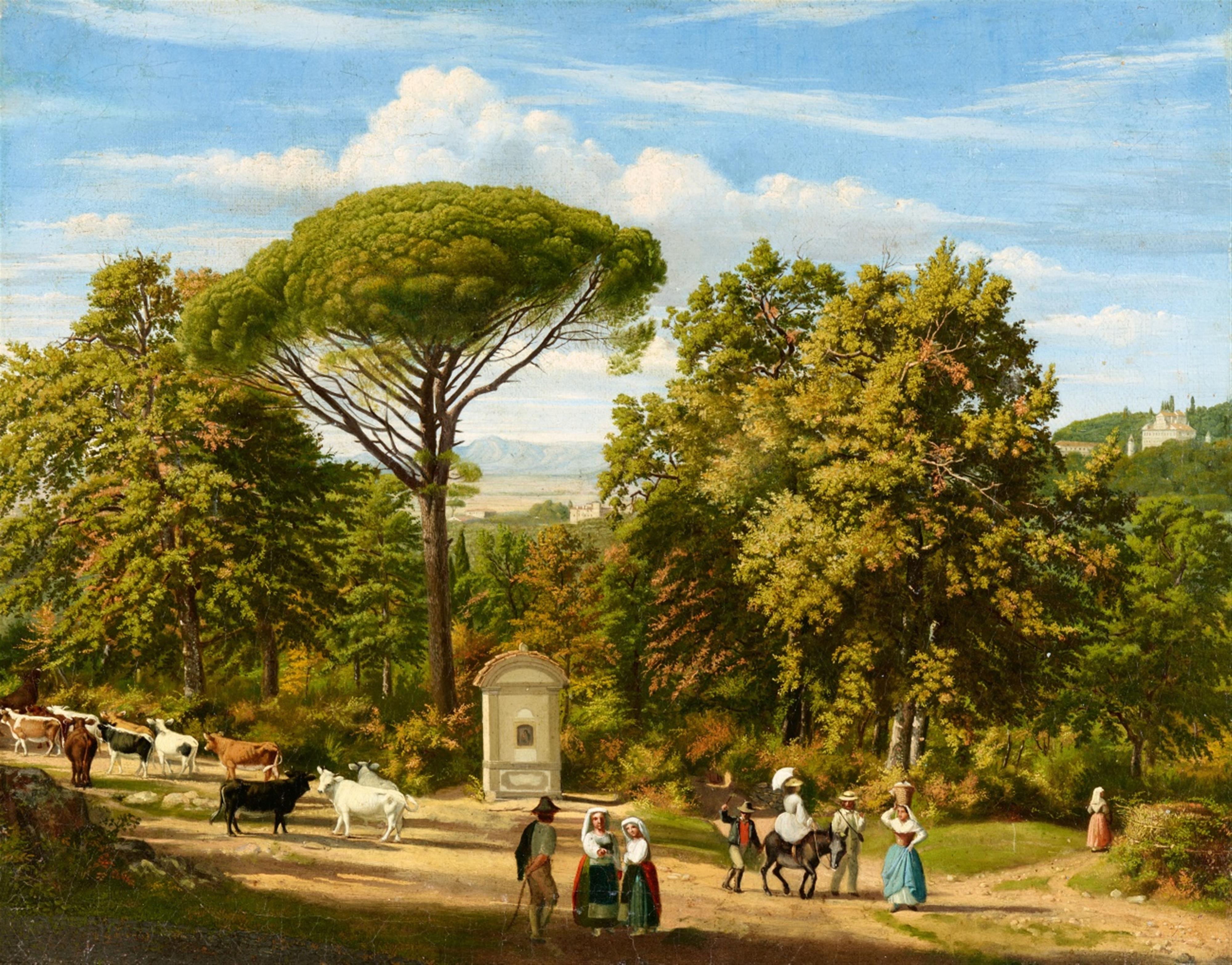 German School mid-19th century - Two Roman Views: Elegant Figures by the Castelli Romani and Ariccia Bridge with Villa Chigi in the Background - image-2