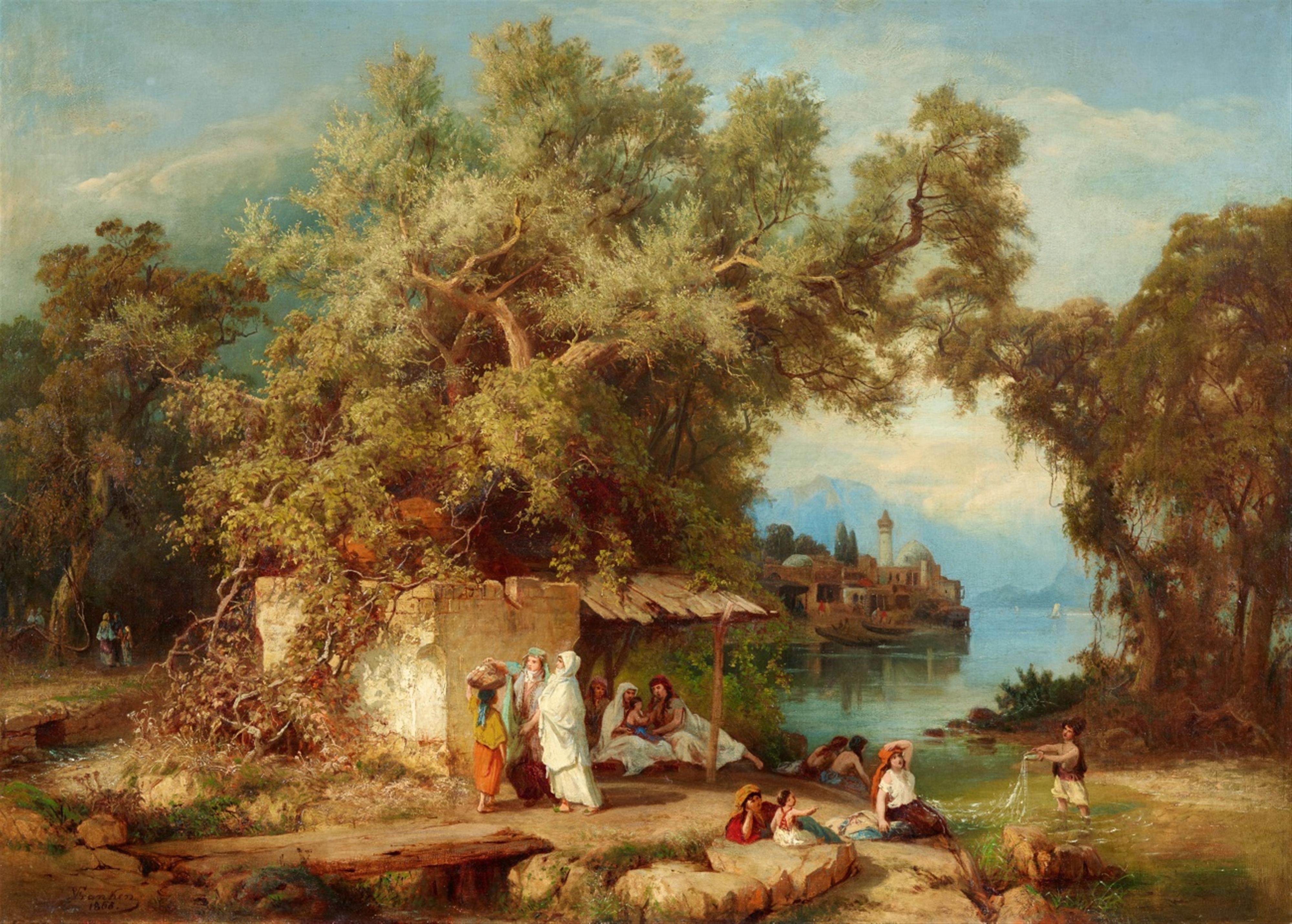 Paul von Franken - Landscape in the Caucasus with Figures Resting and Bathing - image-1