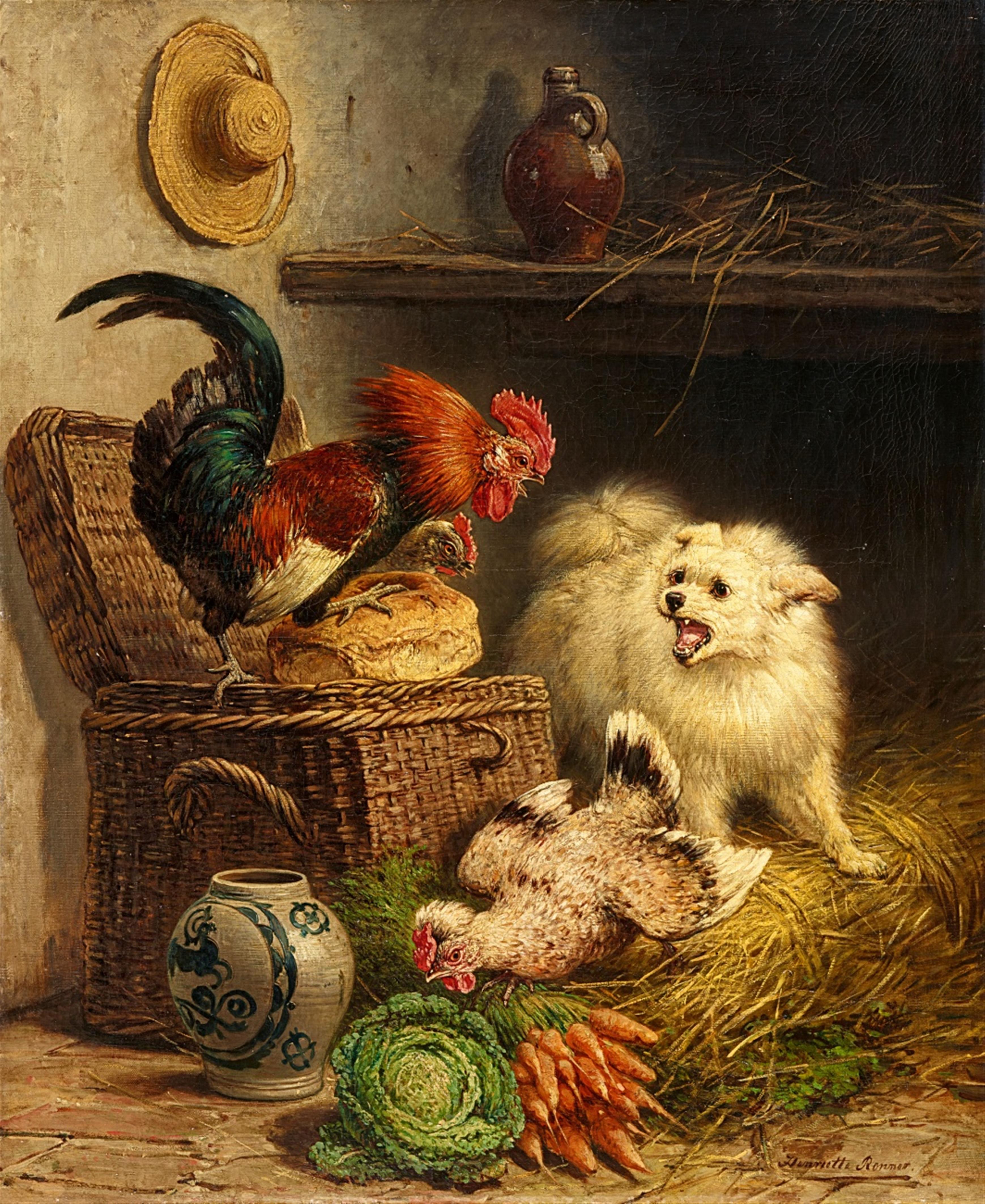 Henriette Ronner-Knip - Rooster and a Cat fighting over a Loaf of Bread - image-1