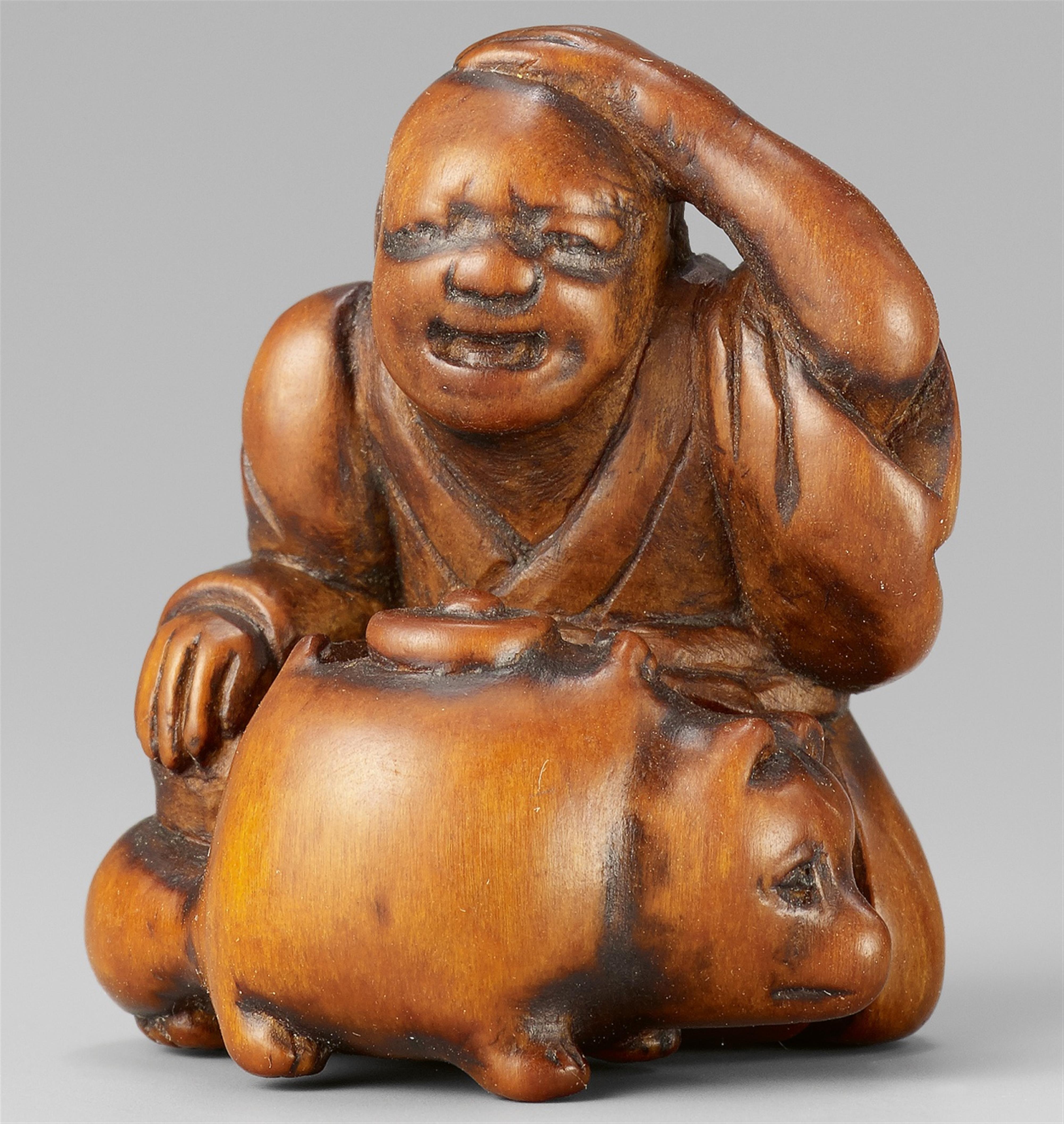 A boxwood netsuke of a bunbuku chagama. 19th century - image-1