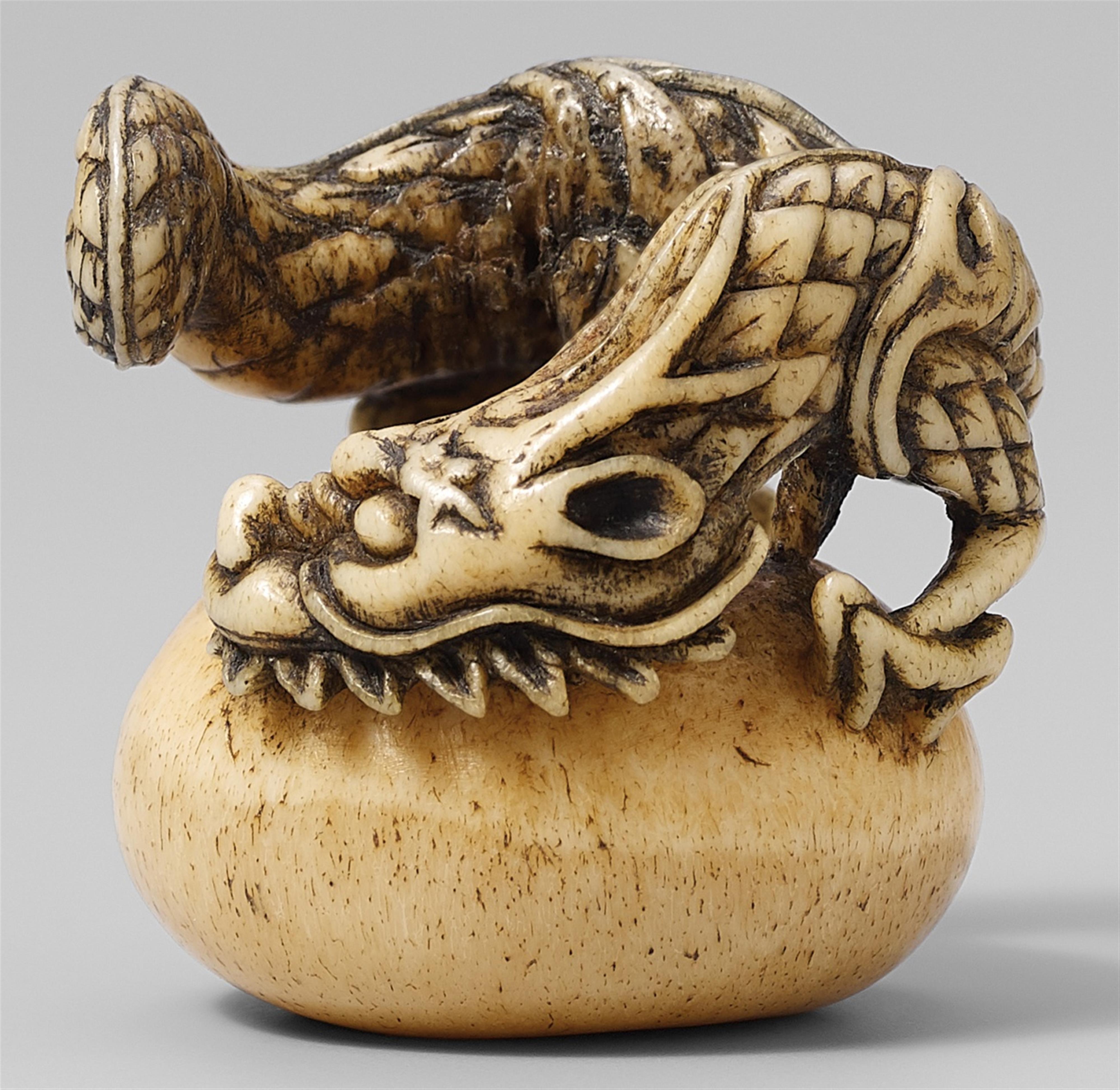 An unusual stag antler netsuke of a dragon on a bowl. Second half 19th century - image-1