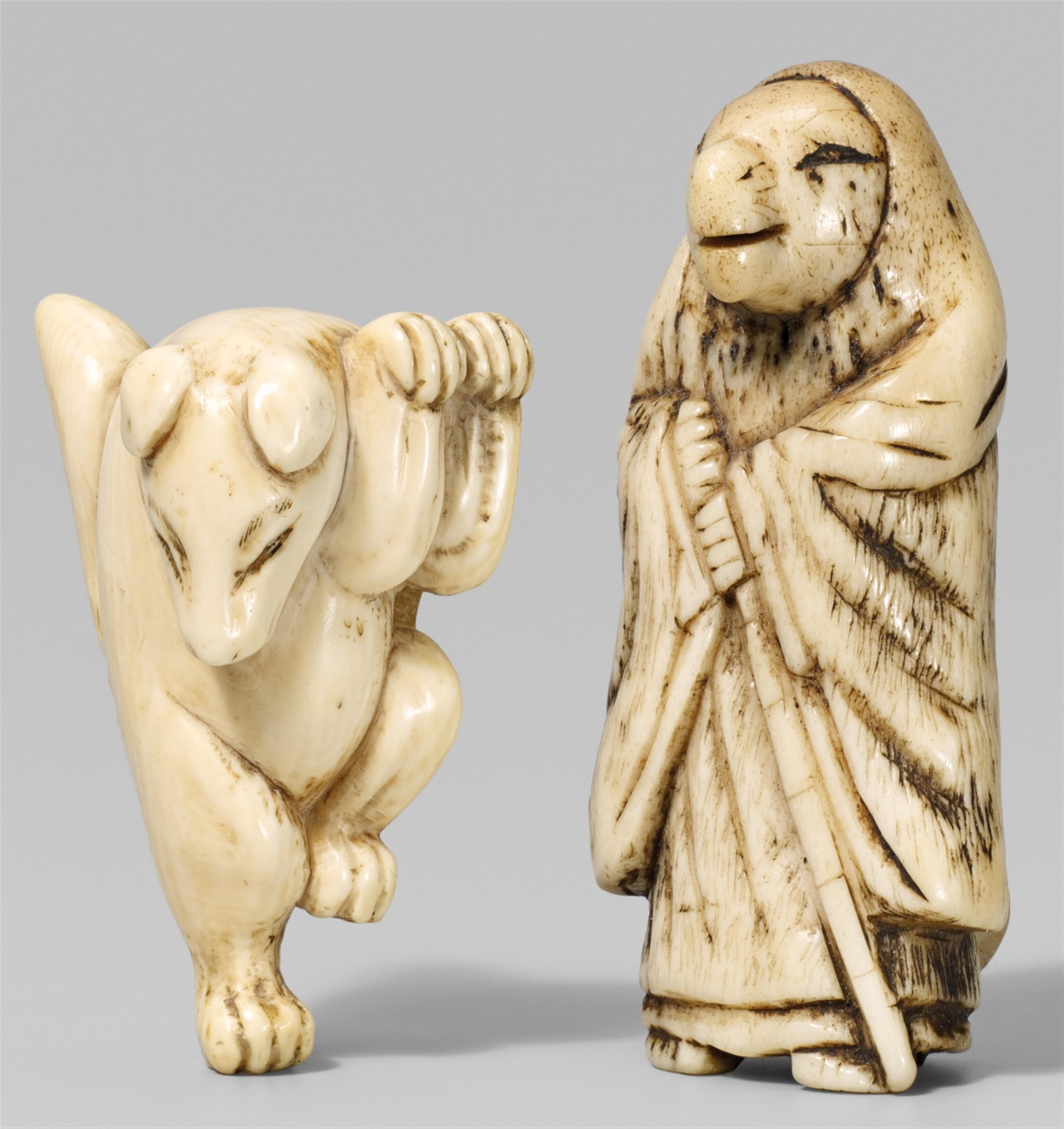 An ivory and a stag antler netsuke of Hakusôzu. 19th century - image-1