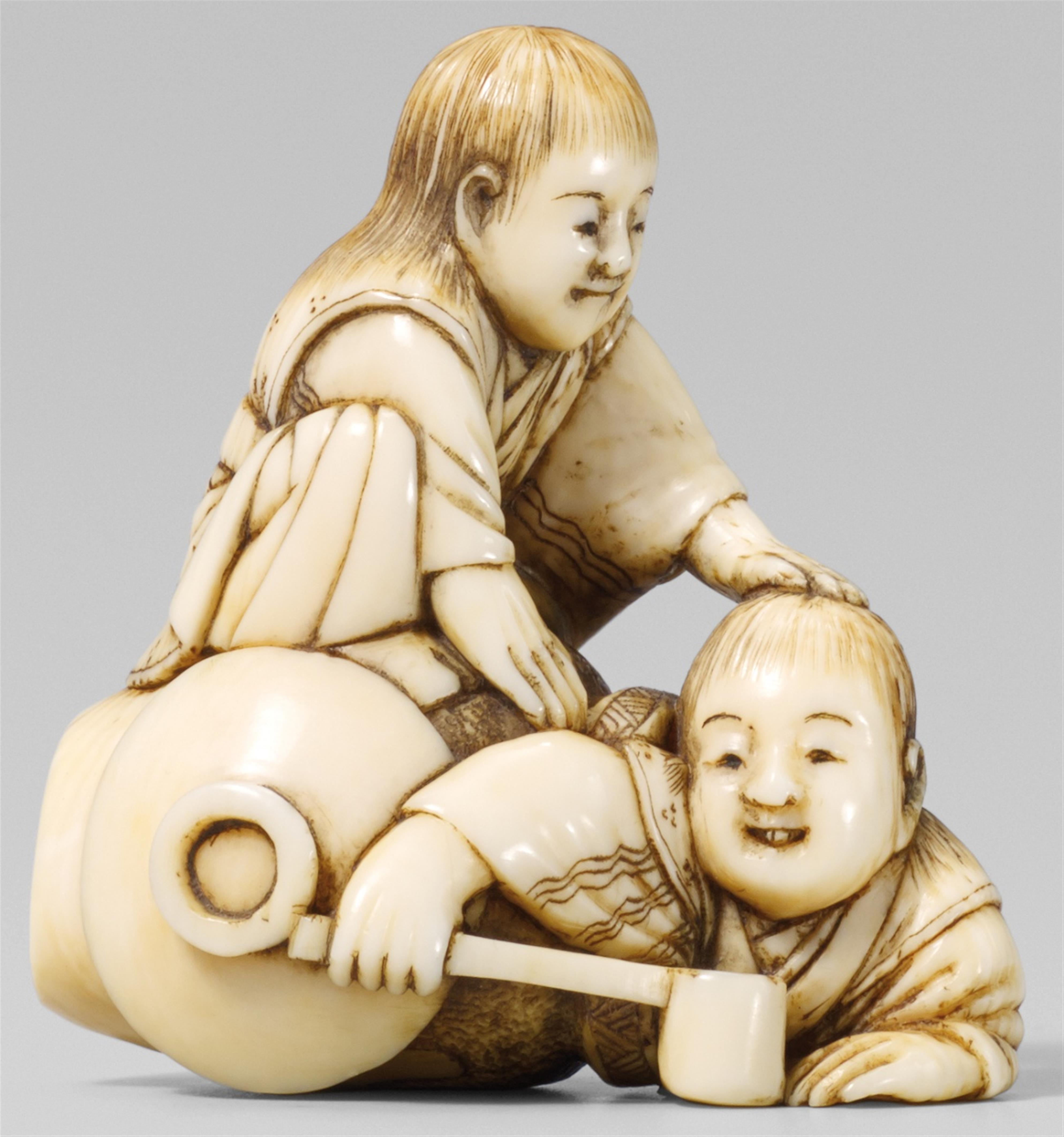 An ivory netsuke of two shôjô, by Koseki. 19th century - image-1