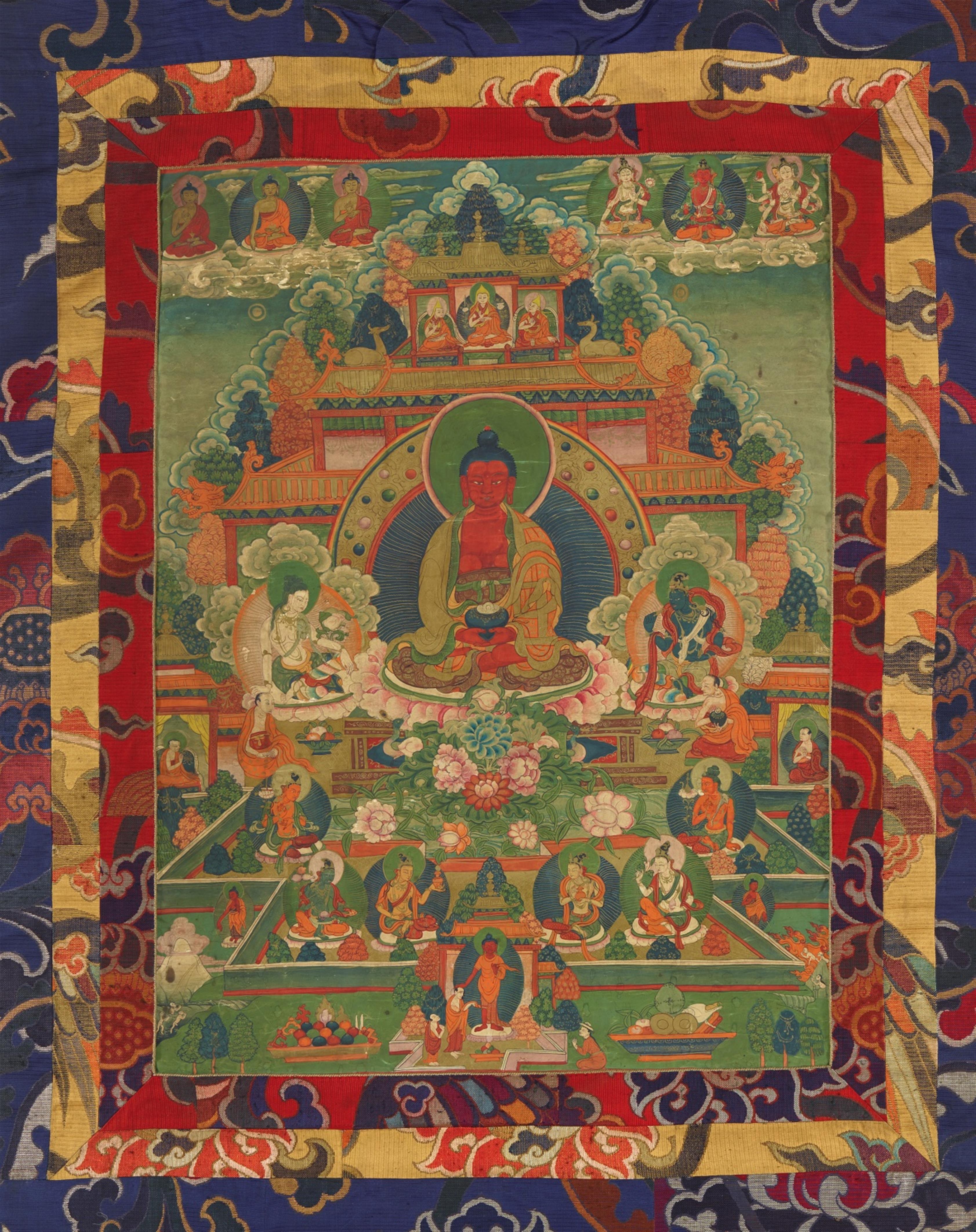 A Tibetan thangka of Amitabha in sukavati. Early 20th century - image-1