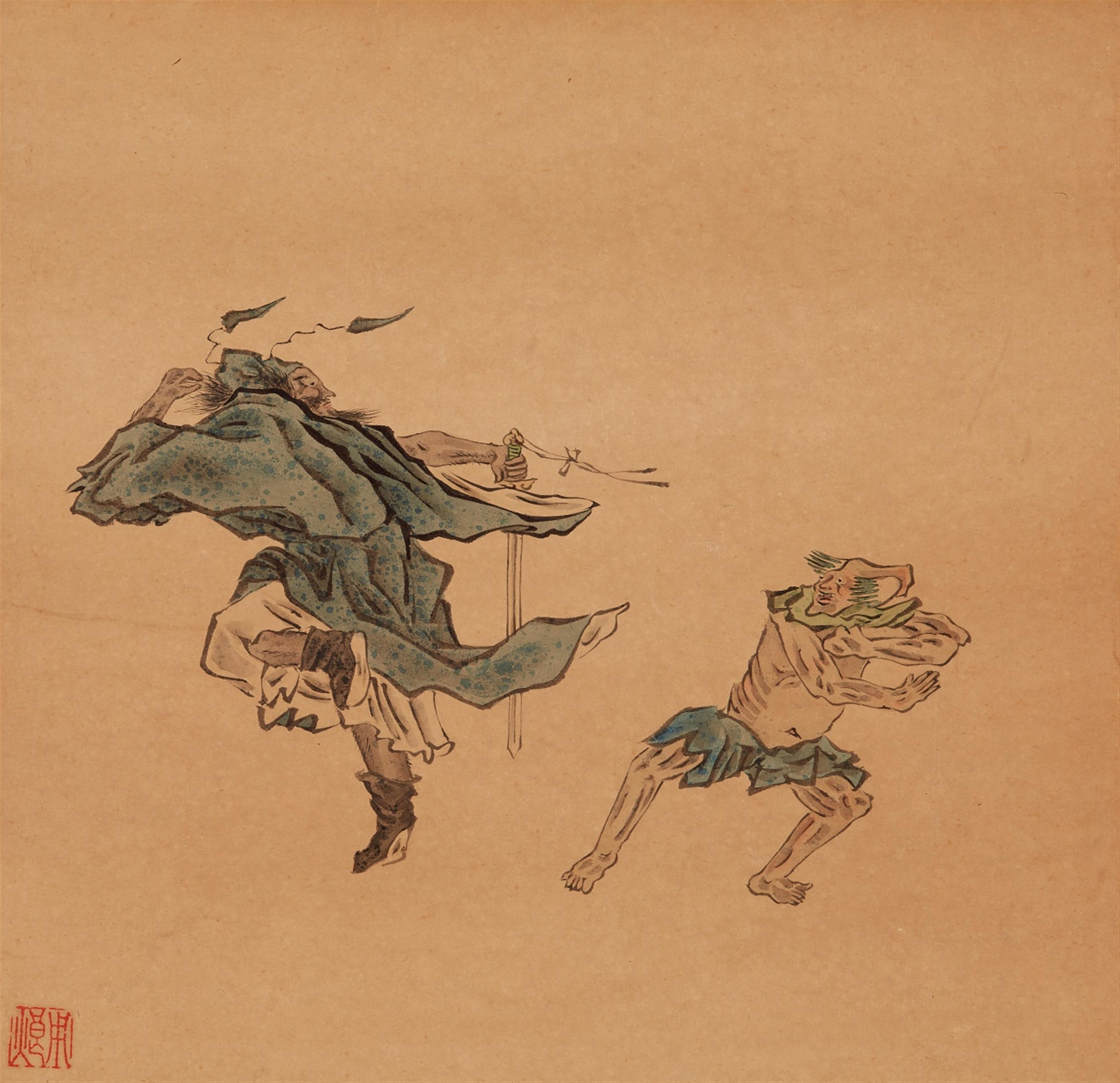 Yong Lang . Qing dynasty - Six album leaves depicting scenes from the story of Zhong Kui with demons and his sister. Mounted as two hanging scrolls. Ink and colour on paper. Sealed Yong Lang. (2) - image-1