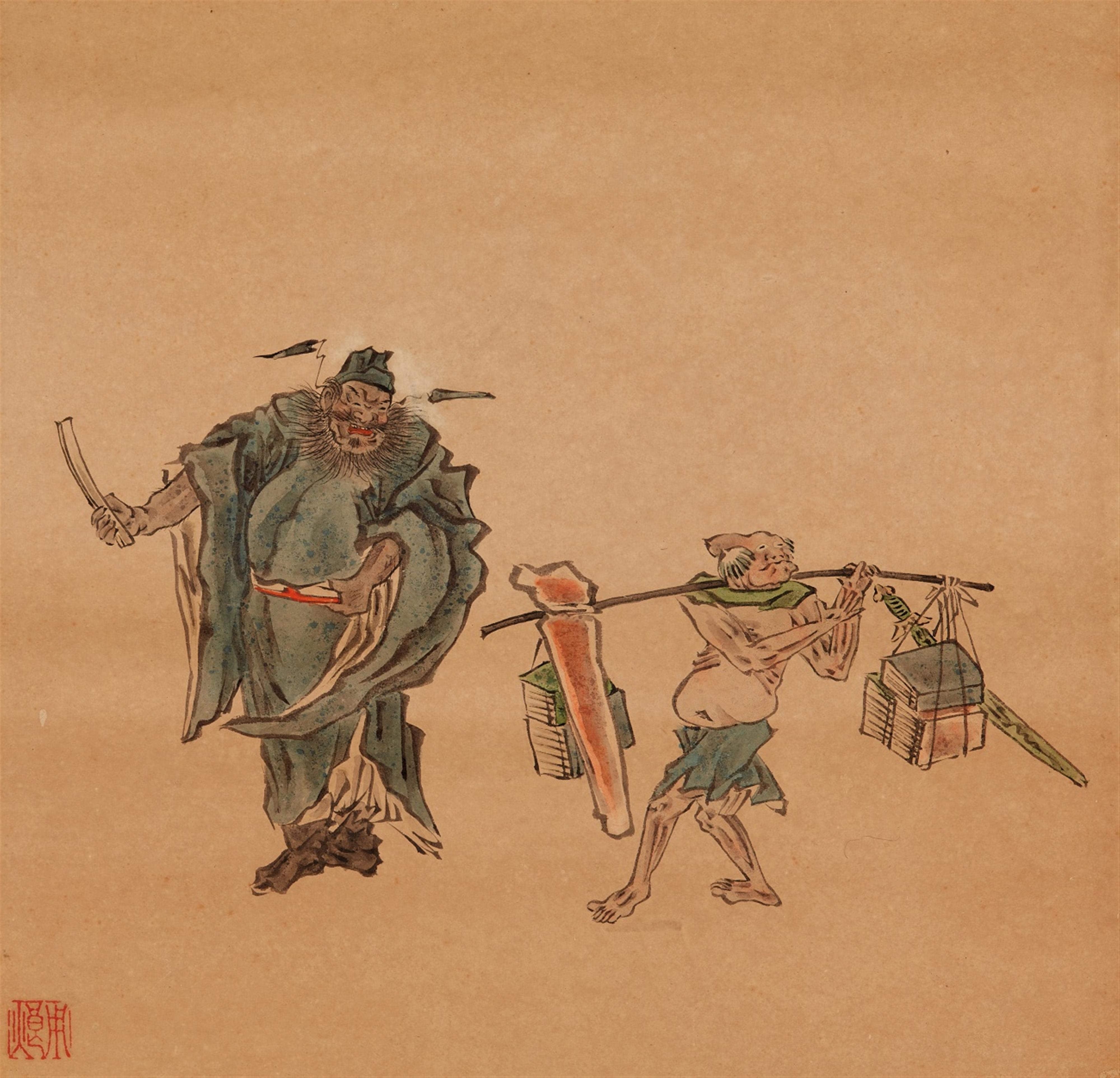 Yong Lang . Qing dynasty - Six album leaves depicting scenes from the story of Zhong Kui with demons and his sister. Mounted as two hanging scrolls. Ink and colour on paper. Sealed Yong Lang. (2) - image-3