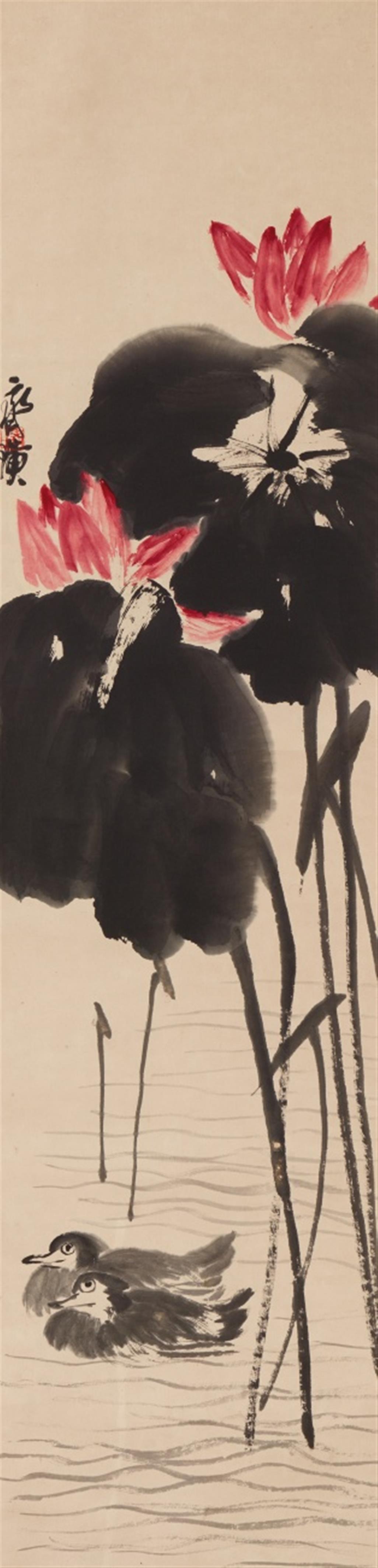 Qi Baishi - Mandarin ducks in lotus pond. Hanging scroll. Ink and colour on paper. Signed Qi Huang and sealed Qi Huang. - image-1