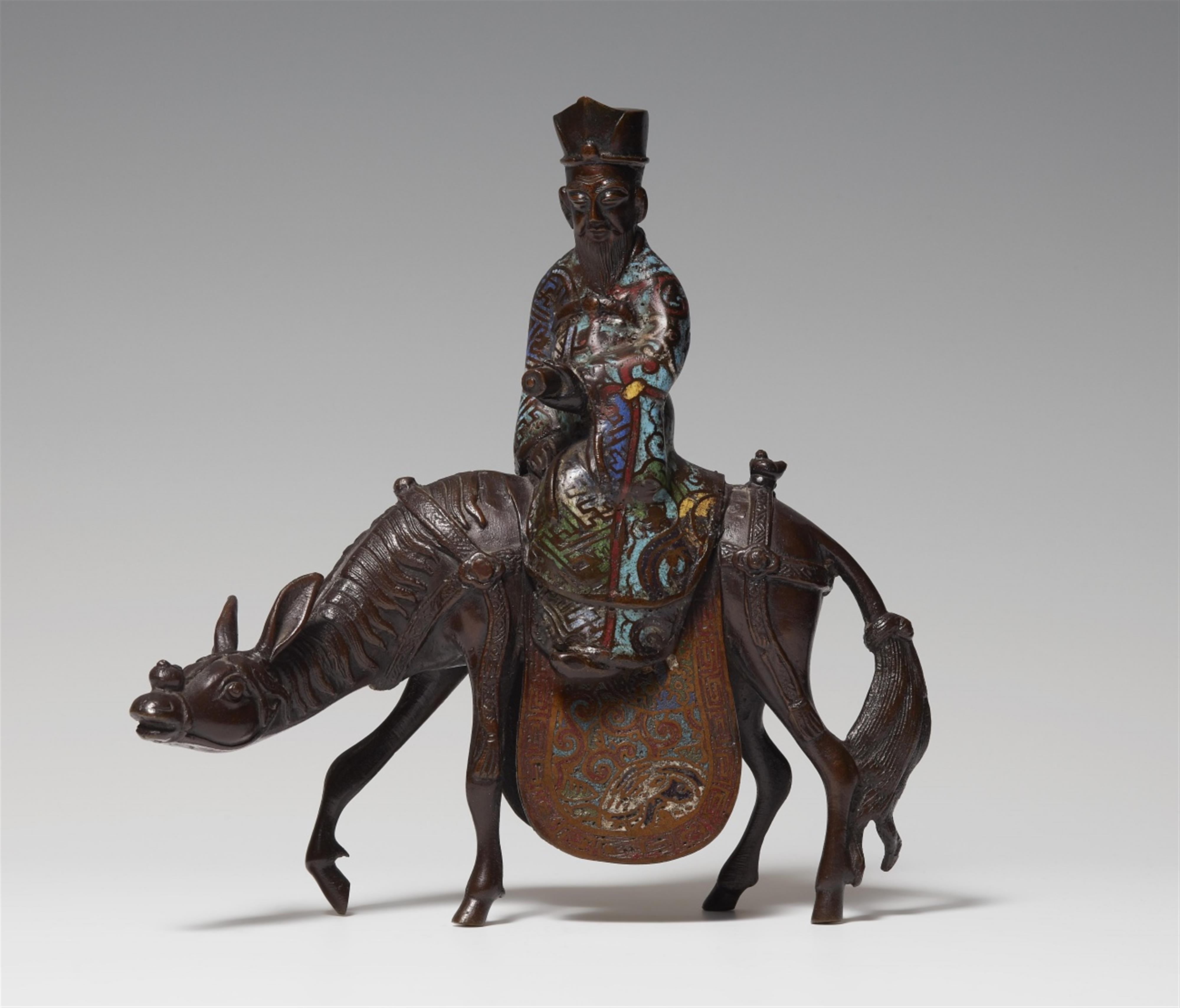 A bronze and enamel champlevé figure on a donkey. Late 19th century - image-1