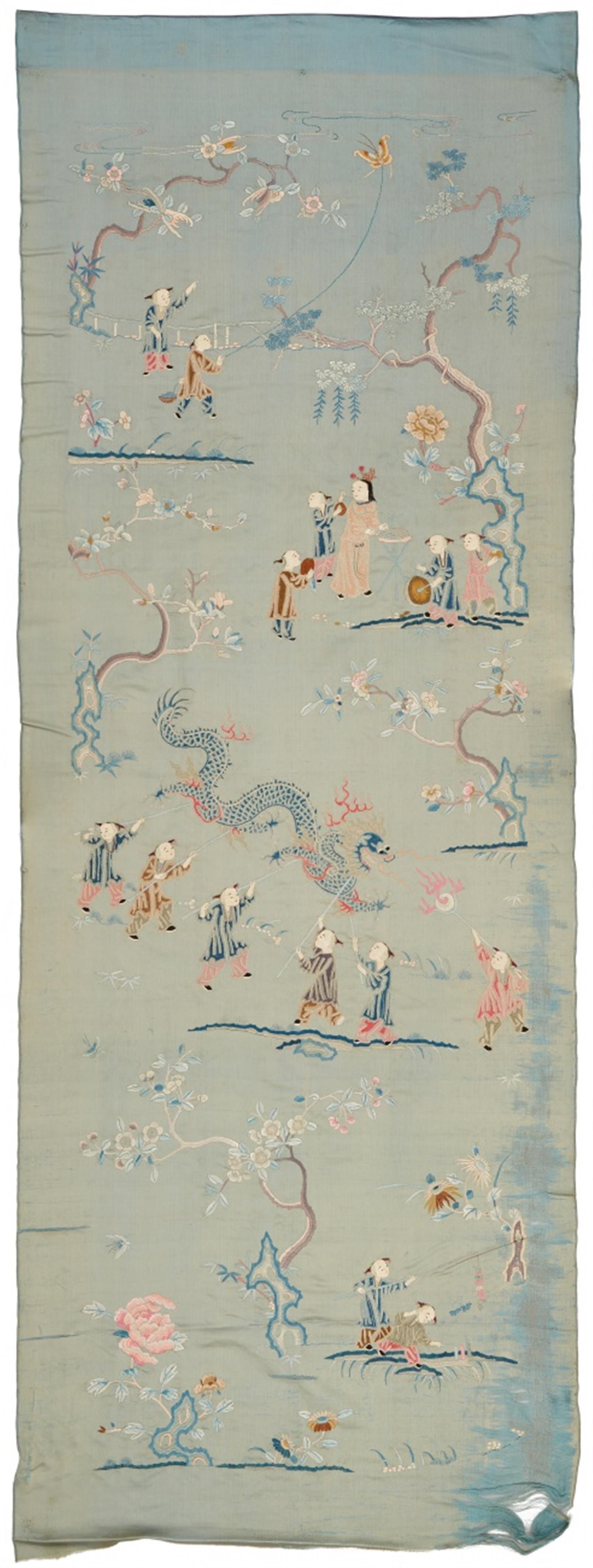 A long embroidered light blue satin panel. Late 19th century - image-1