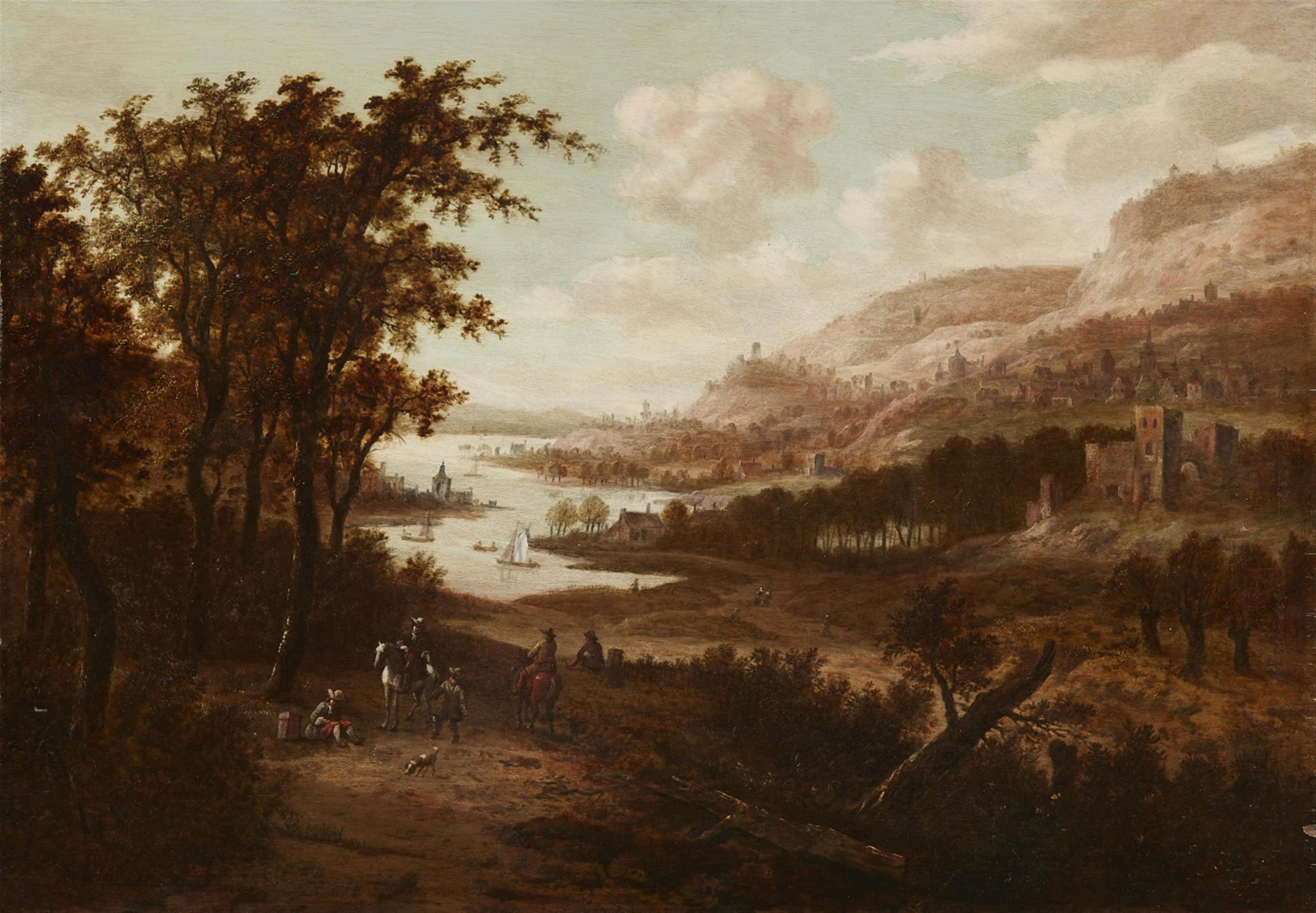 Dionys Verburg - Panoramic Landscape with Horsemen at Rest - image-1