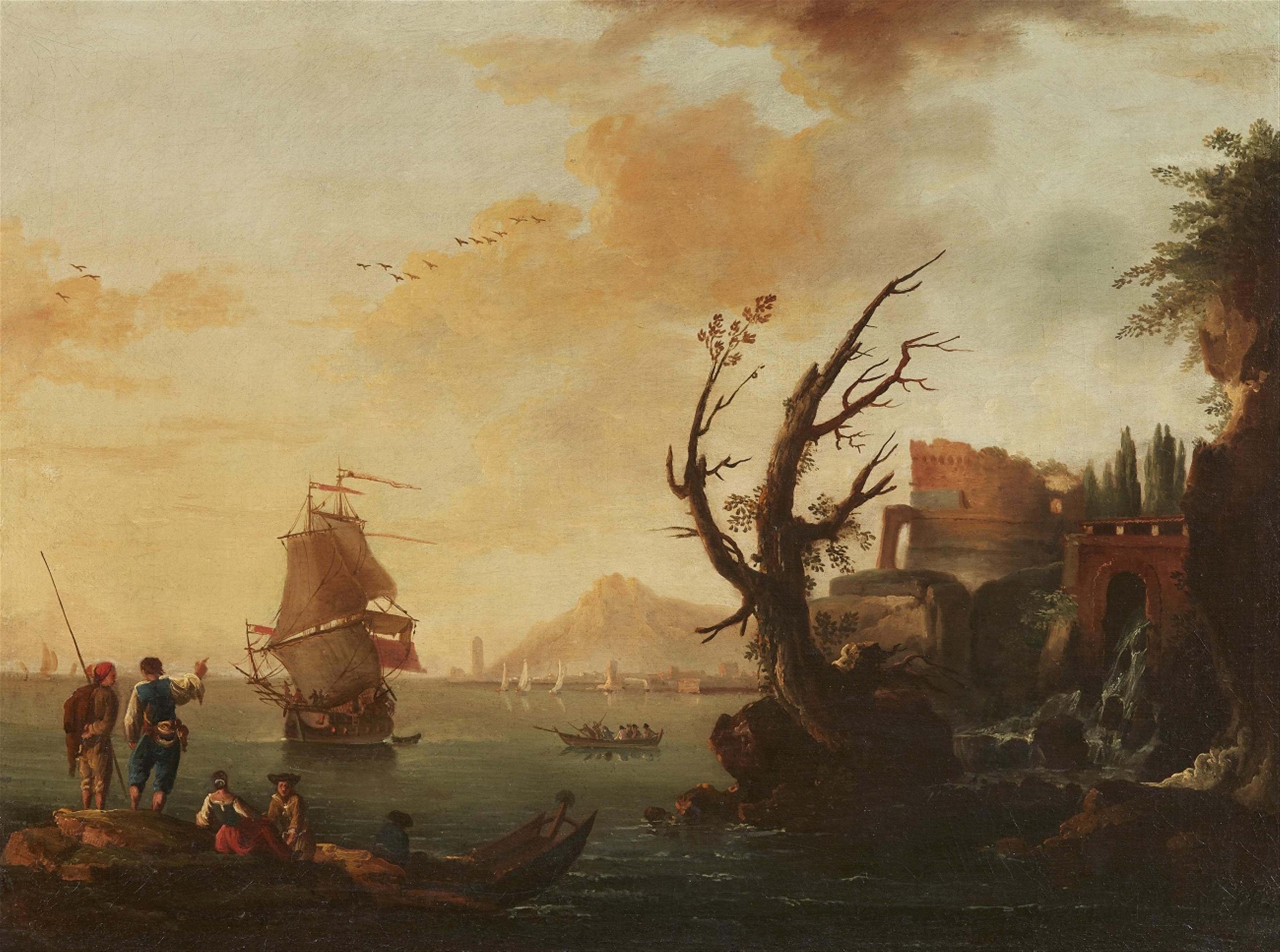 Claude-Joseph Vernet, follower of - Coastal Landscape with a Sailing Ship, Ruins, and Figures - image-1