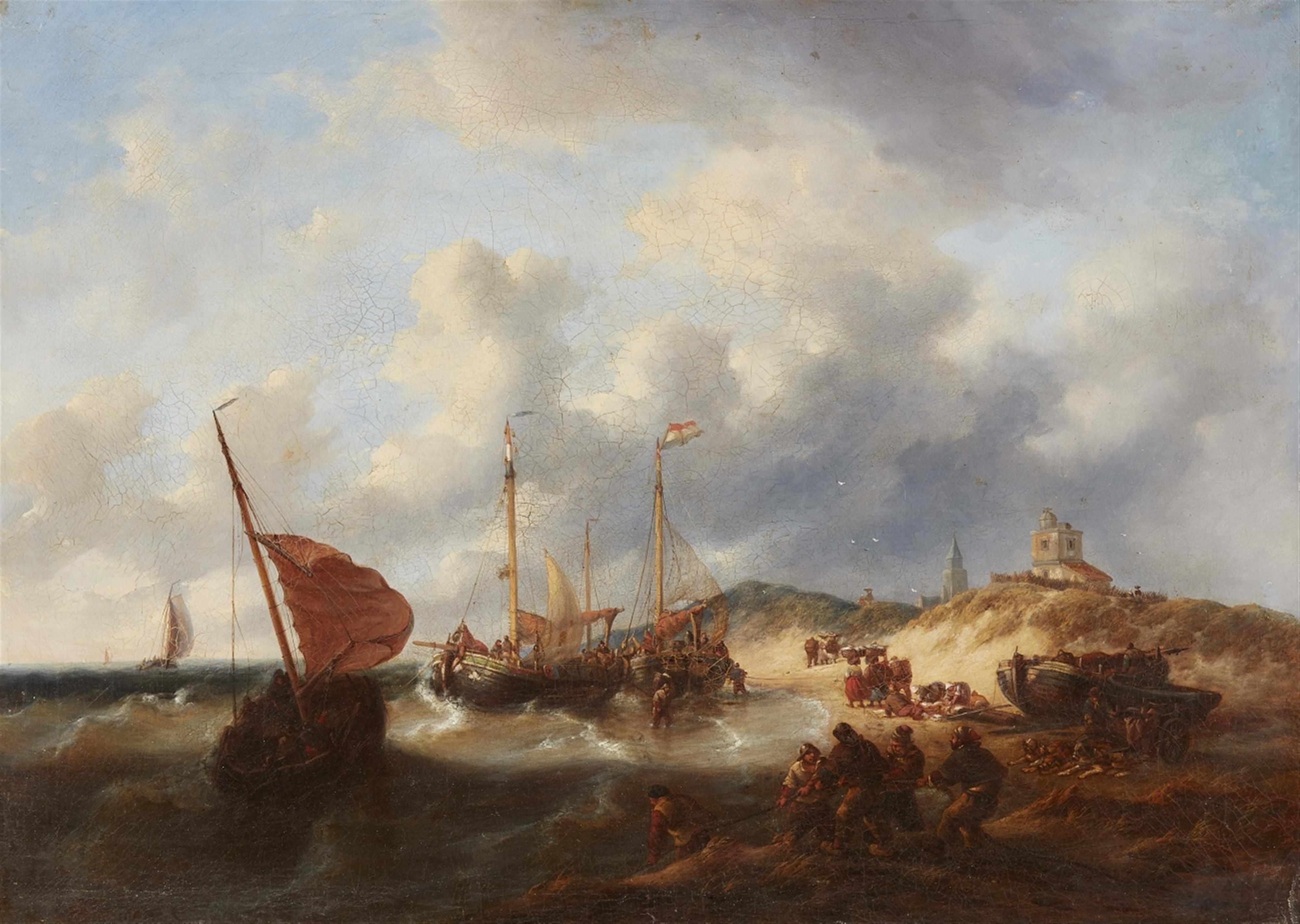 Netherlandish School 19th century - Sailing Ships Landing on the Beach at Scheveningen - image-1