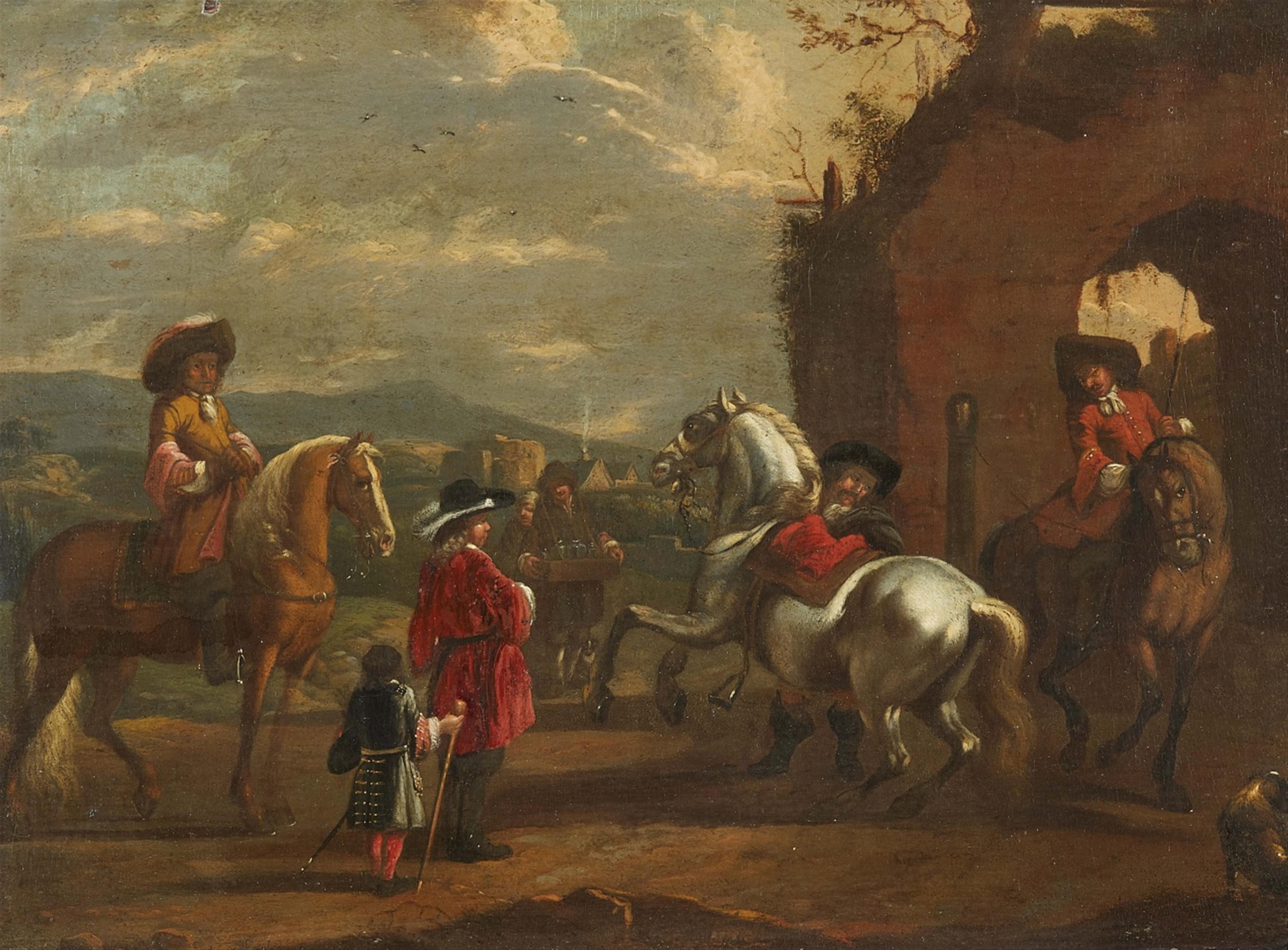 Carel van Falens, attributed to - Landscape with Riders and a Hawker - image-1