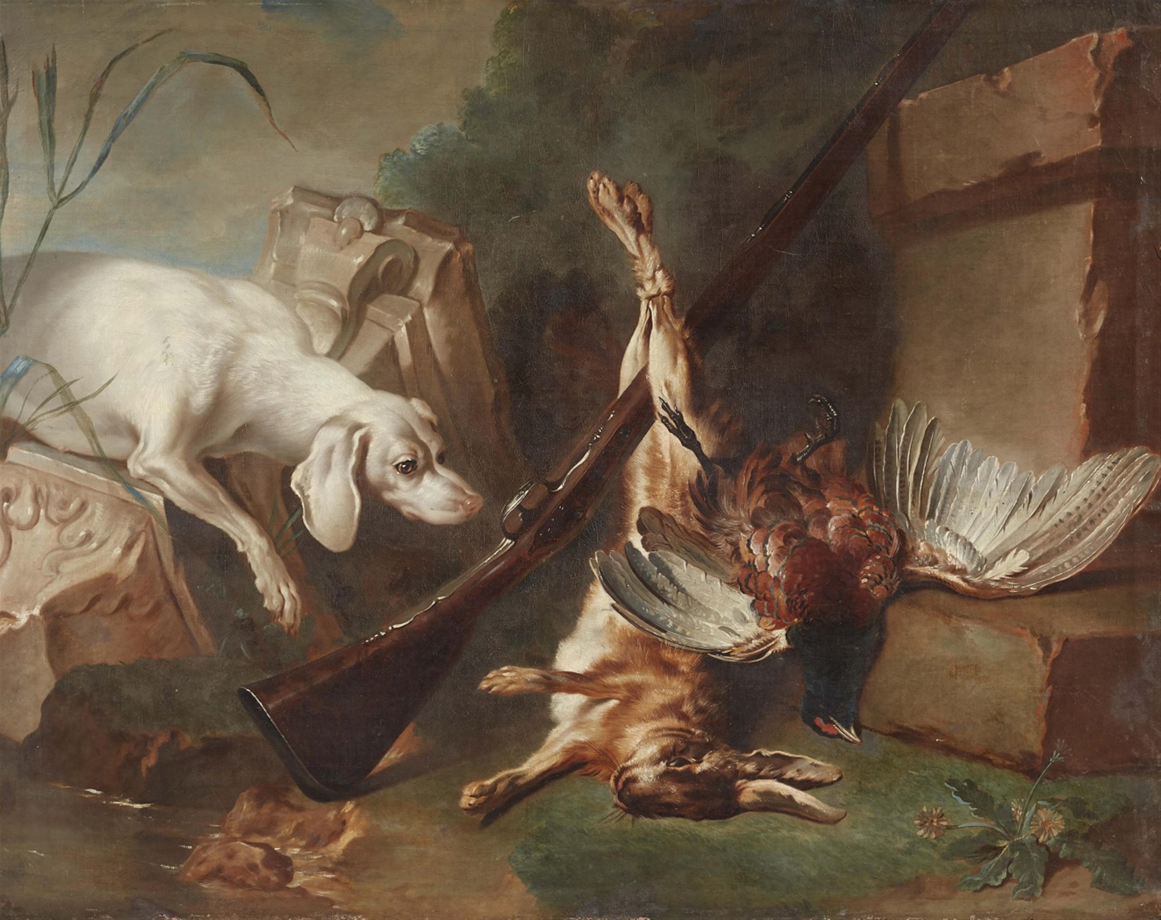 French School 18th century - Game Still Life with a Dog, Hare, and Partridge - image-1