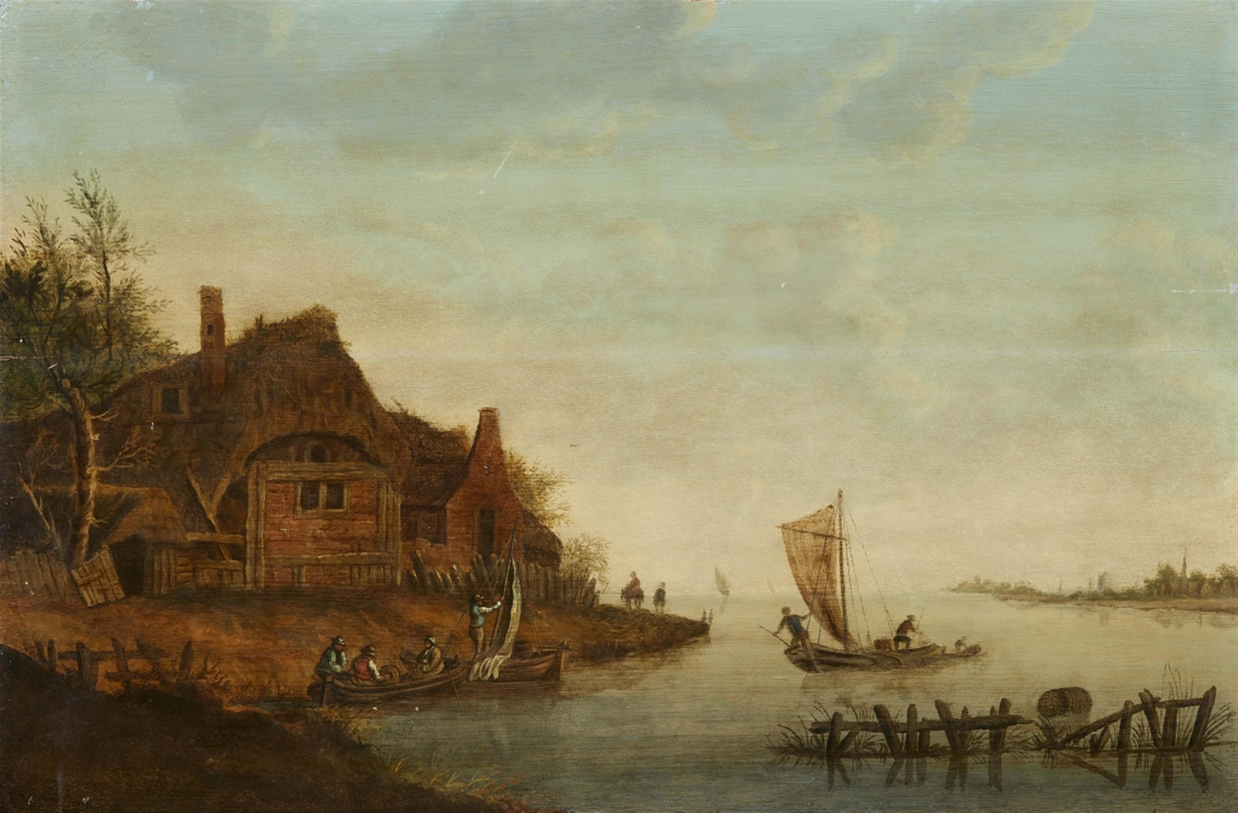Netherlandish School 17th century - River Landscape with Boats and a Farmhouse - image-1