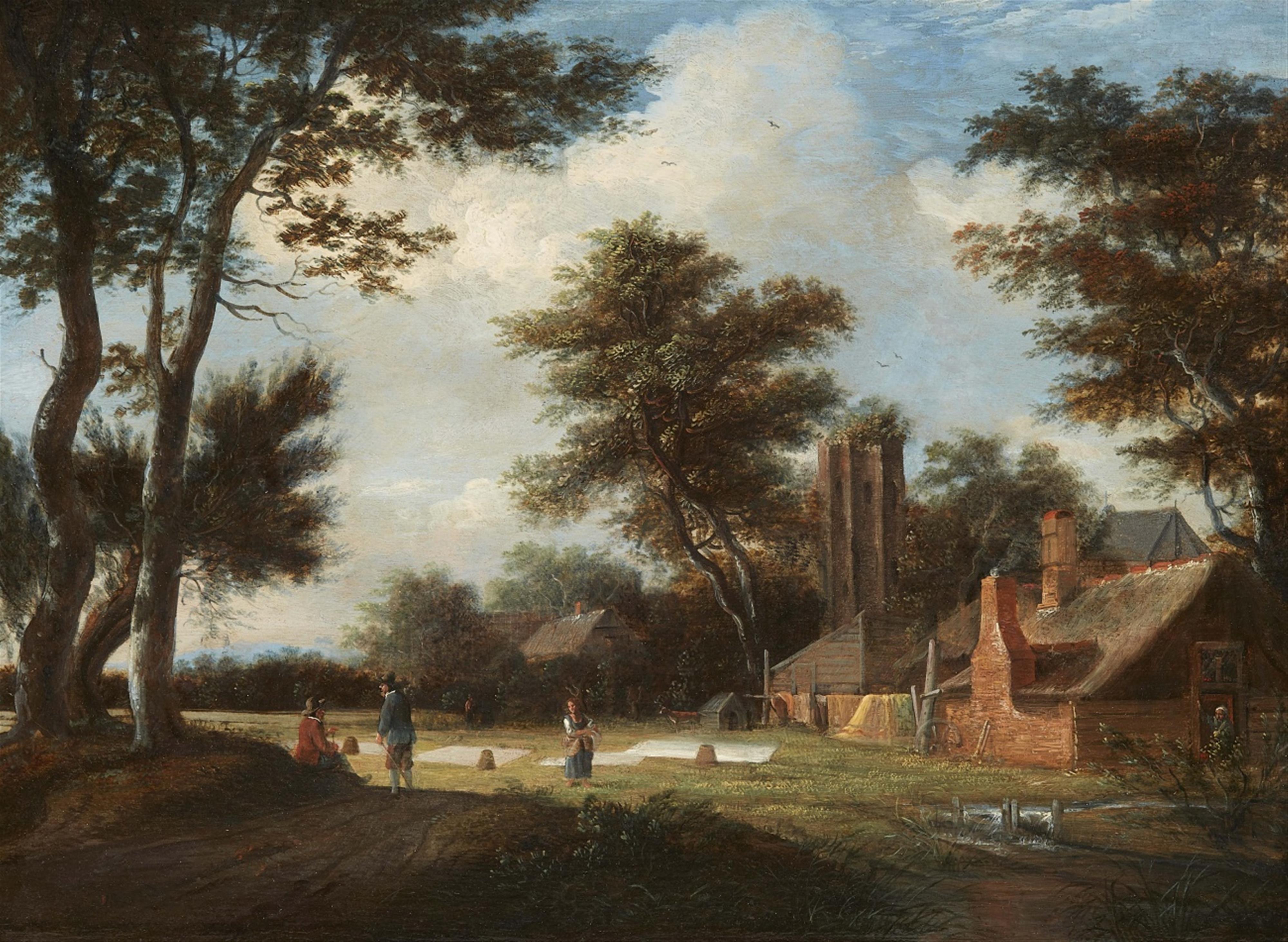 Netherlandish School 17th century - Landscape with Figures and a Farm - image-1