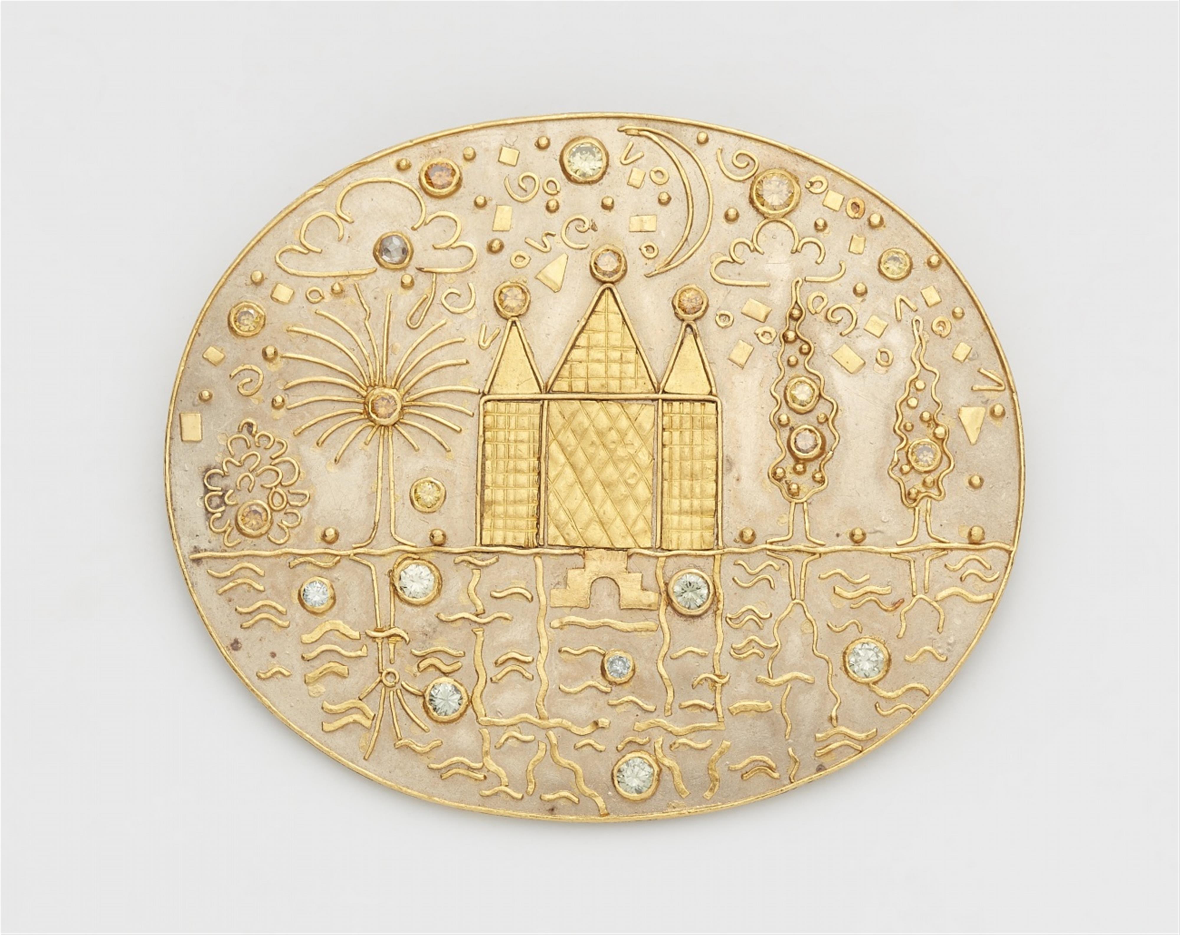 An 18k bi-colour gold brooch with an Oriental palace motif - image-1