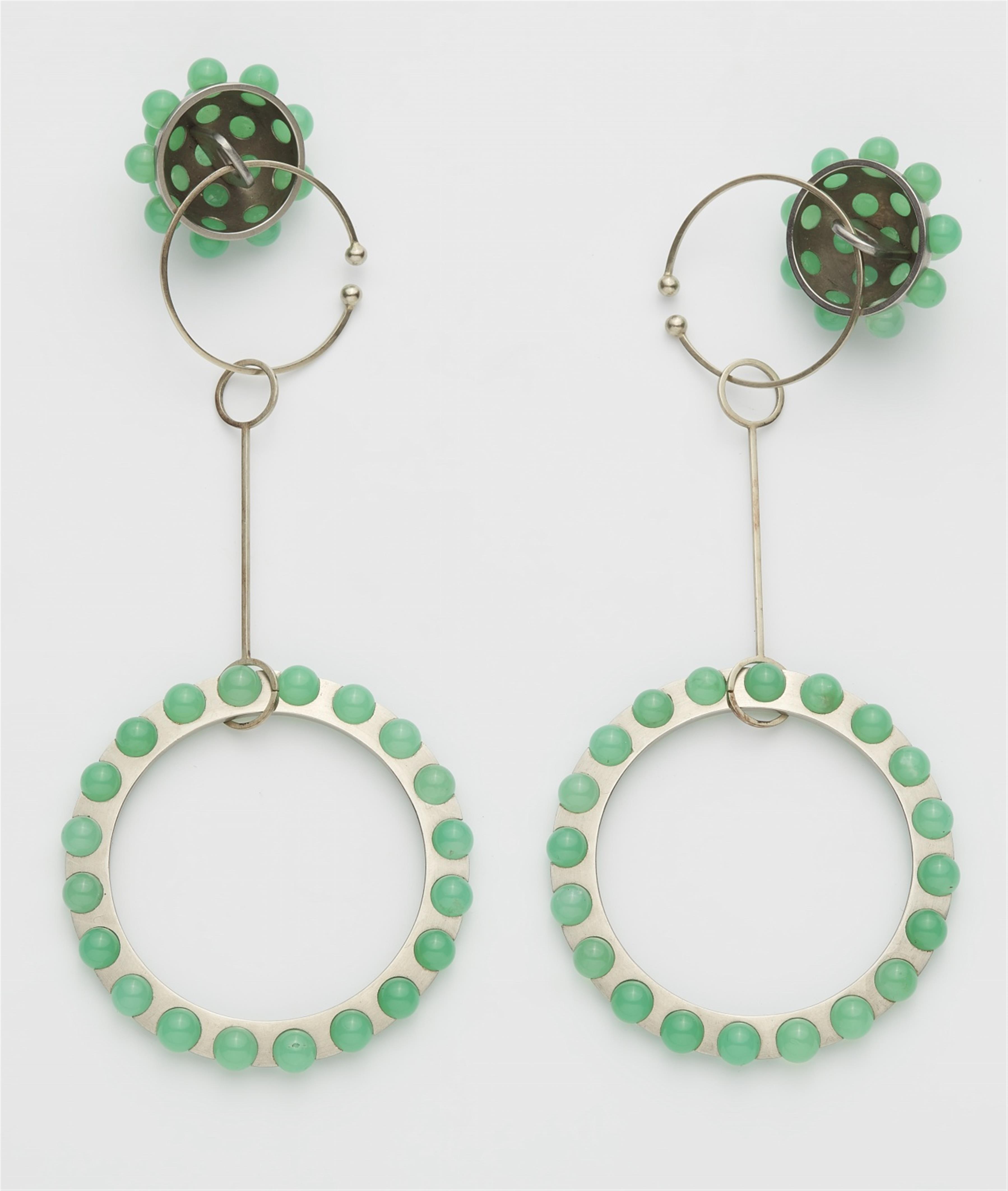 A pair of 18 white gold and chrysoprase pendant earrings - image-2