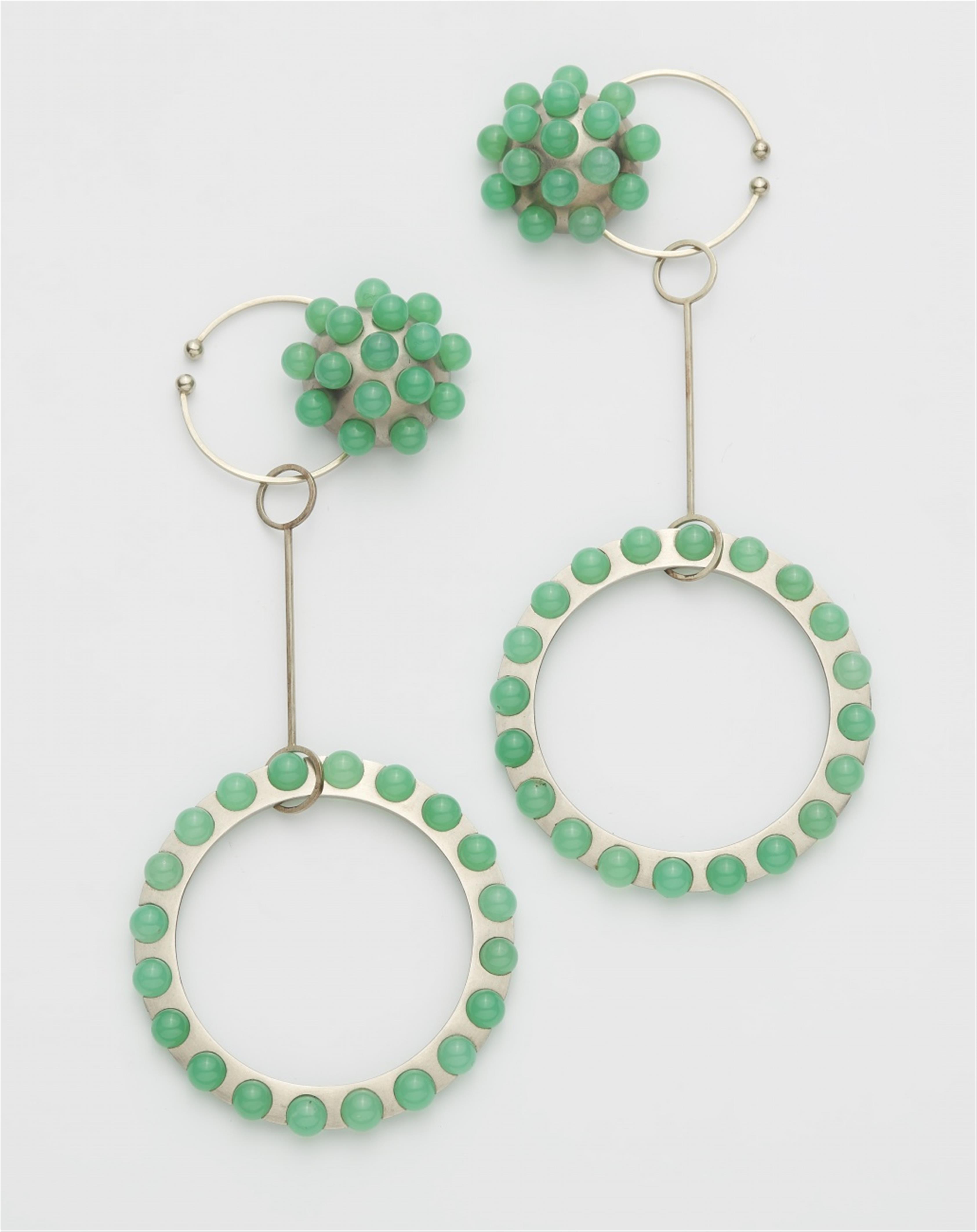 A pair of 18 white gold and chrysoprase pendant earrings - image-1