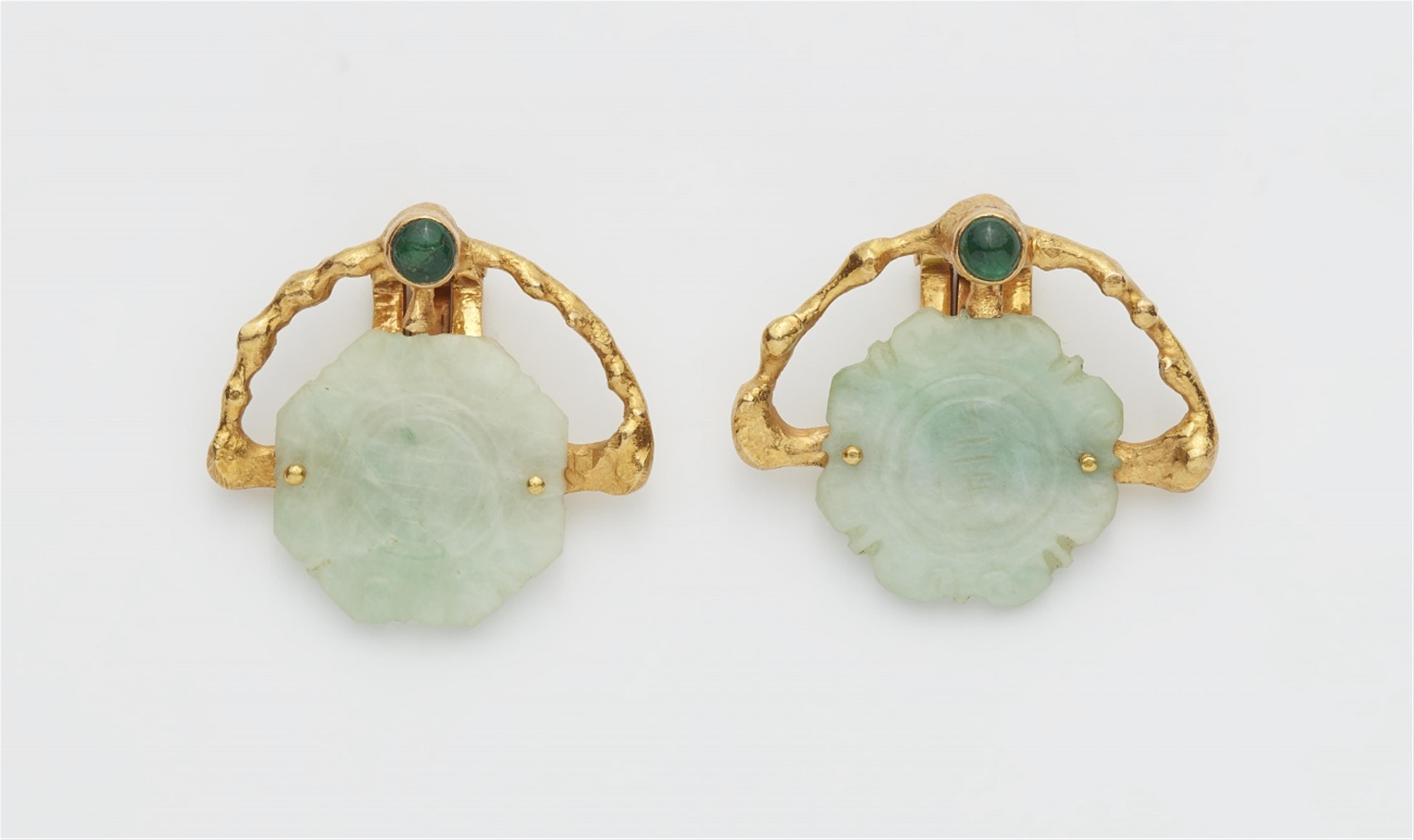 A pair of 18k gold and jade clip earrings - image-1