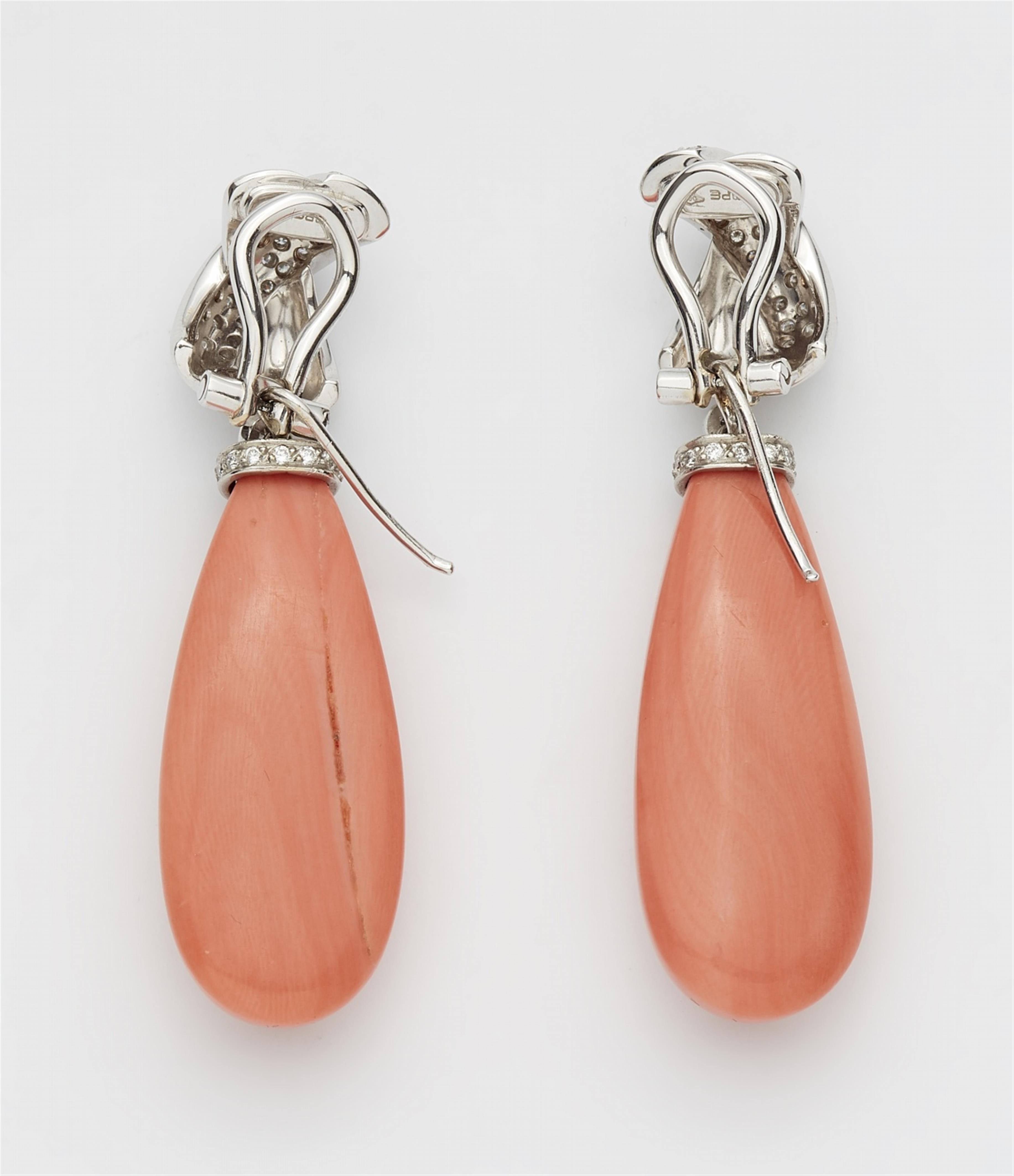 A pair of 18k white gold and coral pendant earrings - image-2