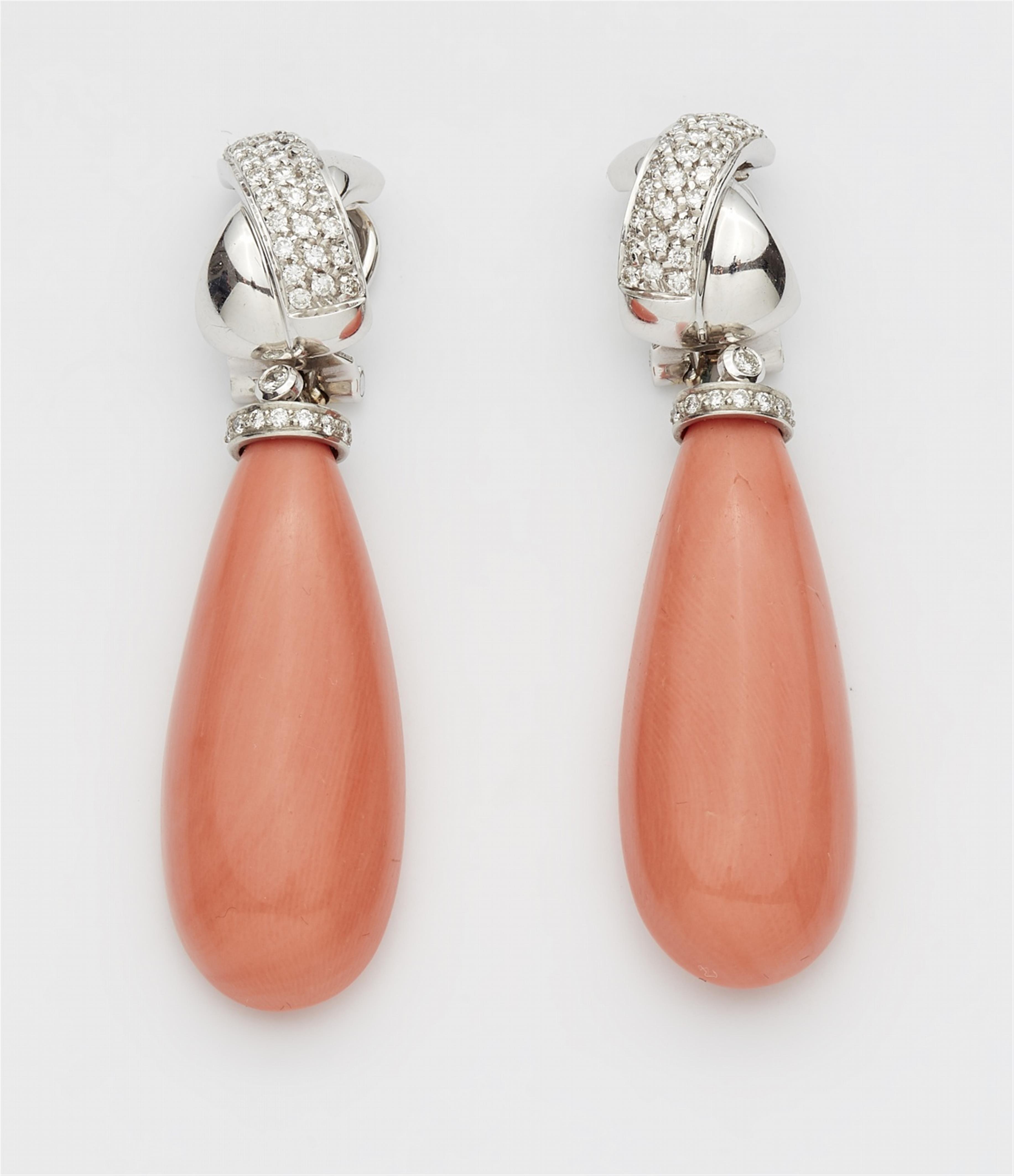 A pair of 18k white gold and coral pendant earrings - image-1