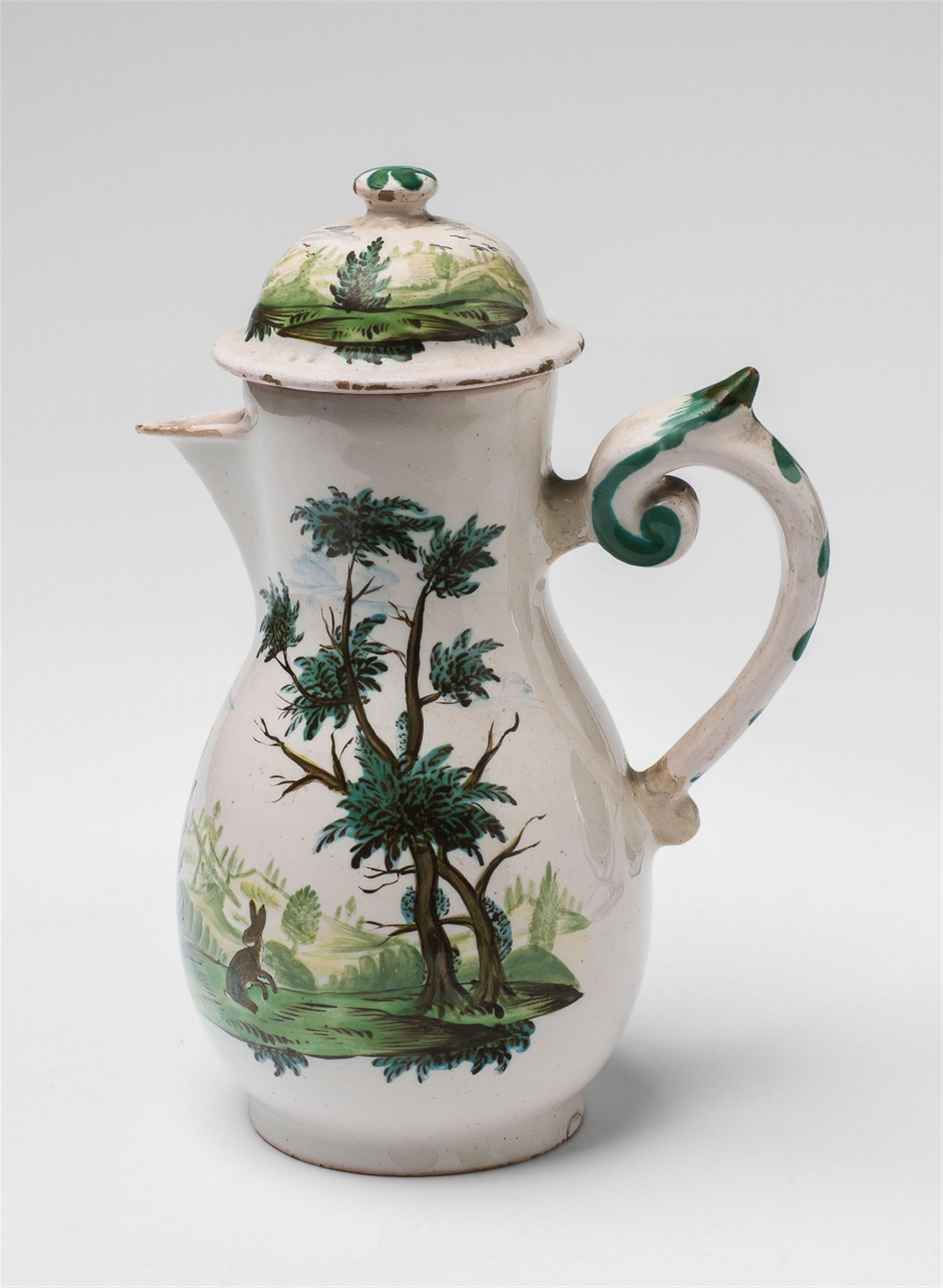 A rare Künersberg faience pitcher with a rabbit hunting scene - image-1