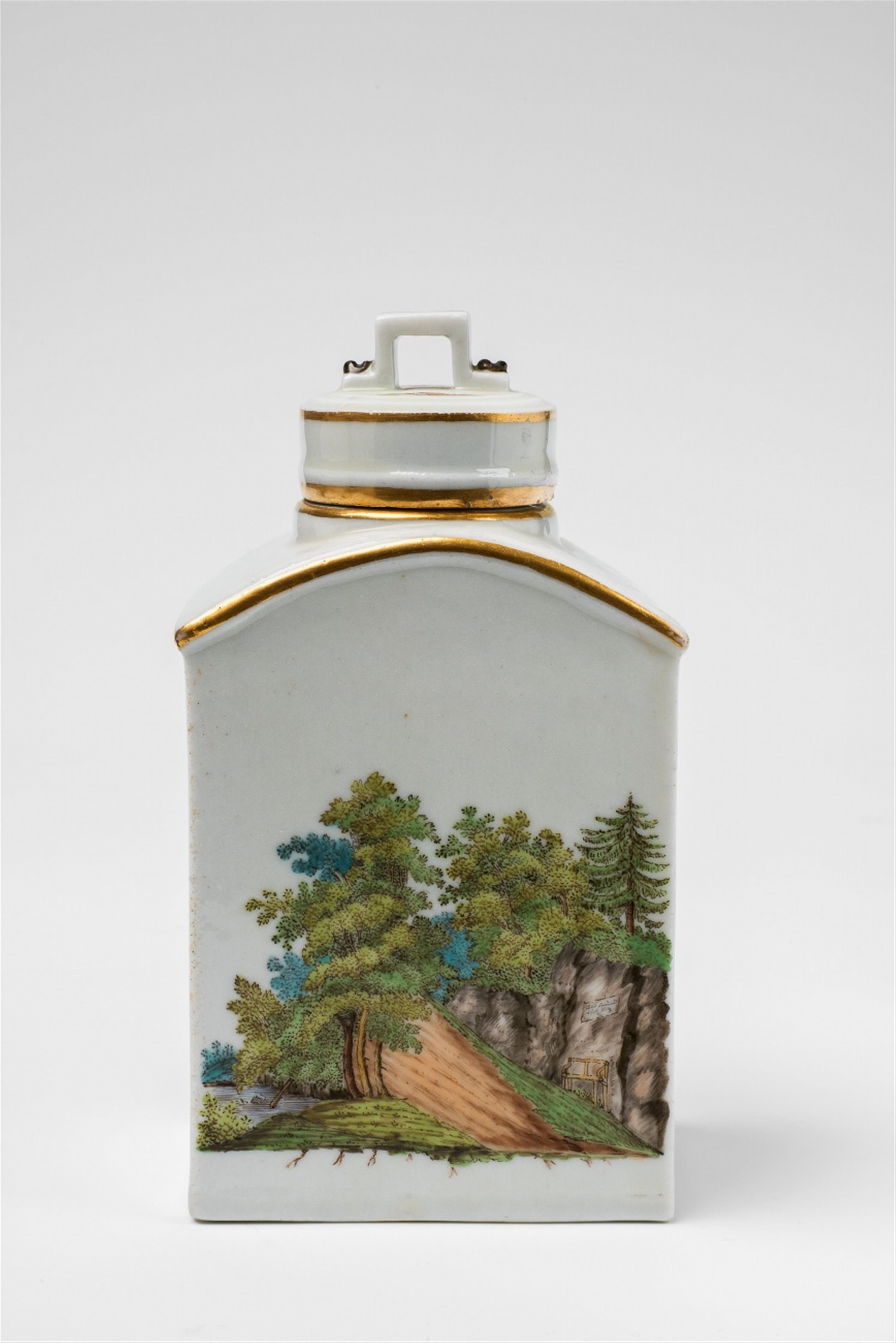 A Gothaer porcelain tea caddy with landscapes of Thuringia - image-2