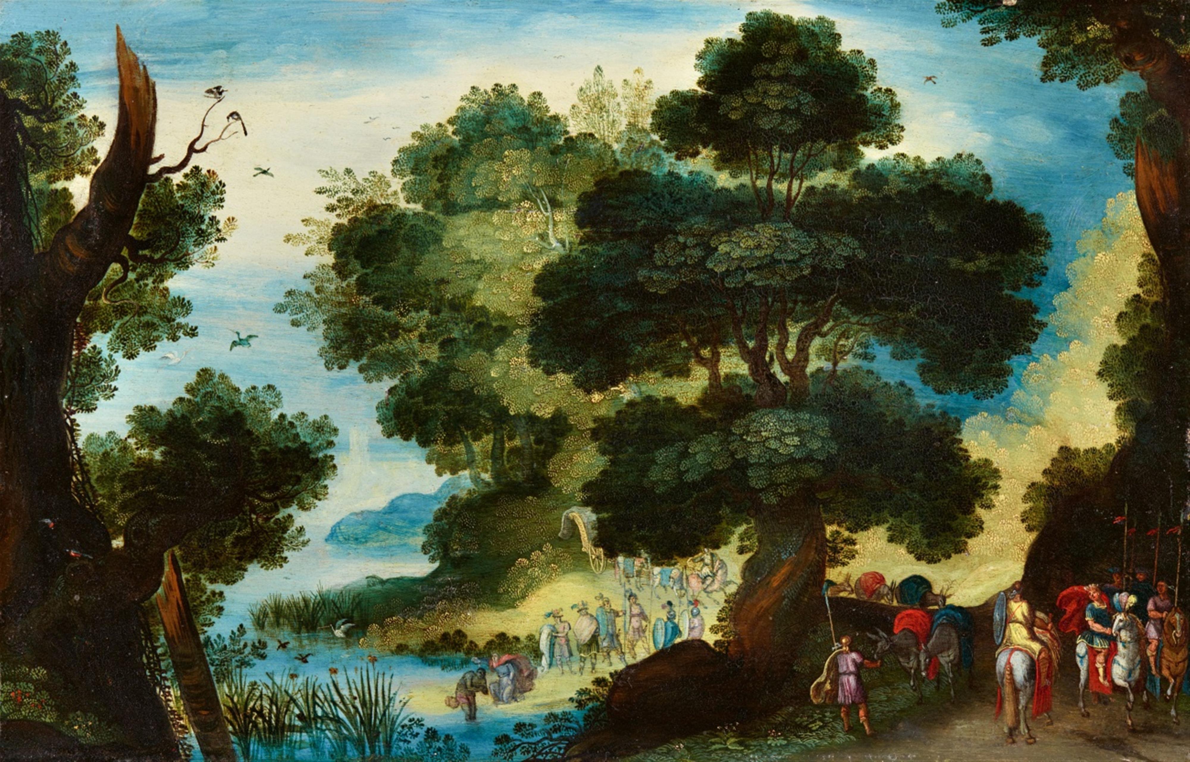 Gillis Mostaert, circle of - Wooded River Landscape with the Baptism of Christ - image-1