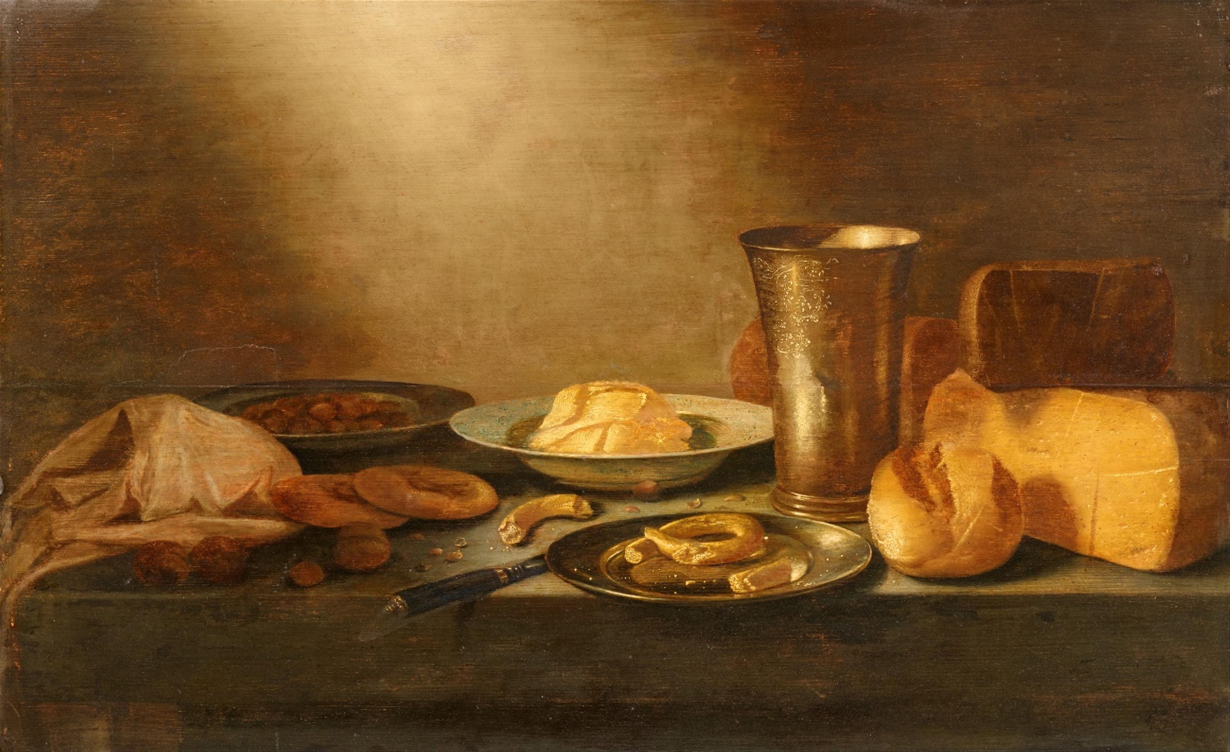 Floris van Schooten - Stillleben mit Käse, Brot und Silberbecher - image-1