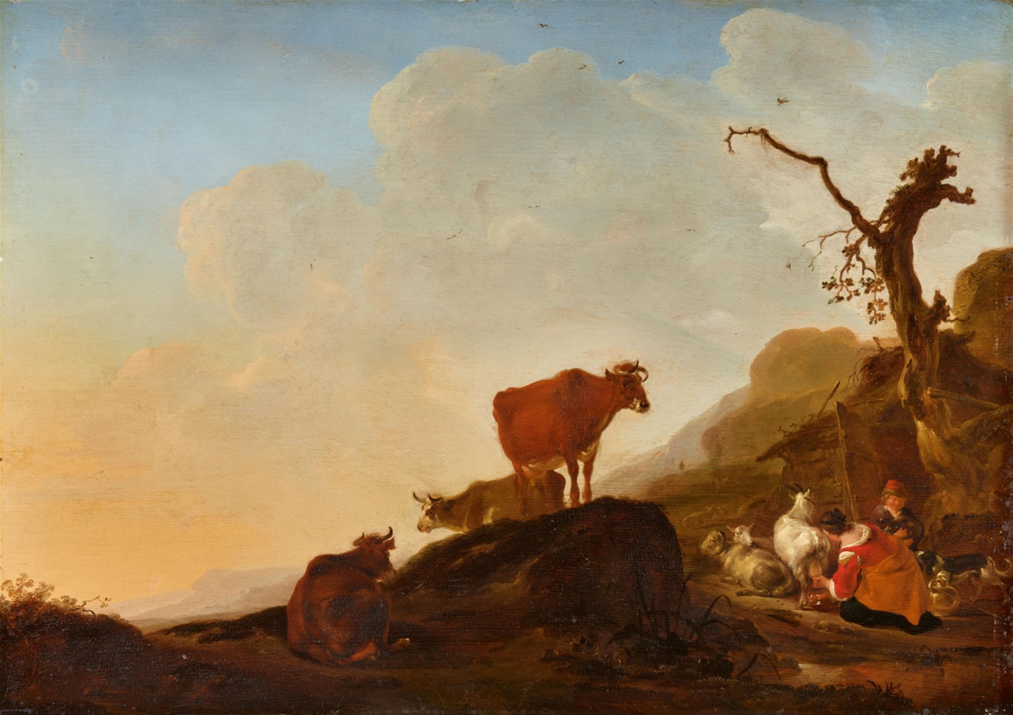 Nicolaes Berchem - Hügelige Landschaft mit Vieh und Hirten - image-1