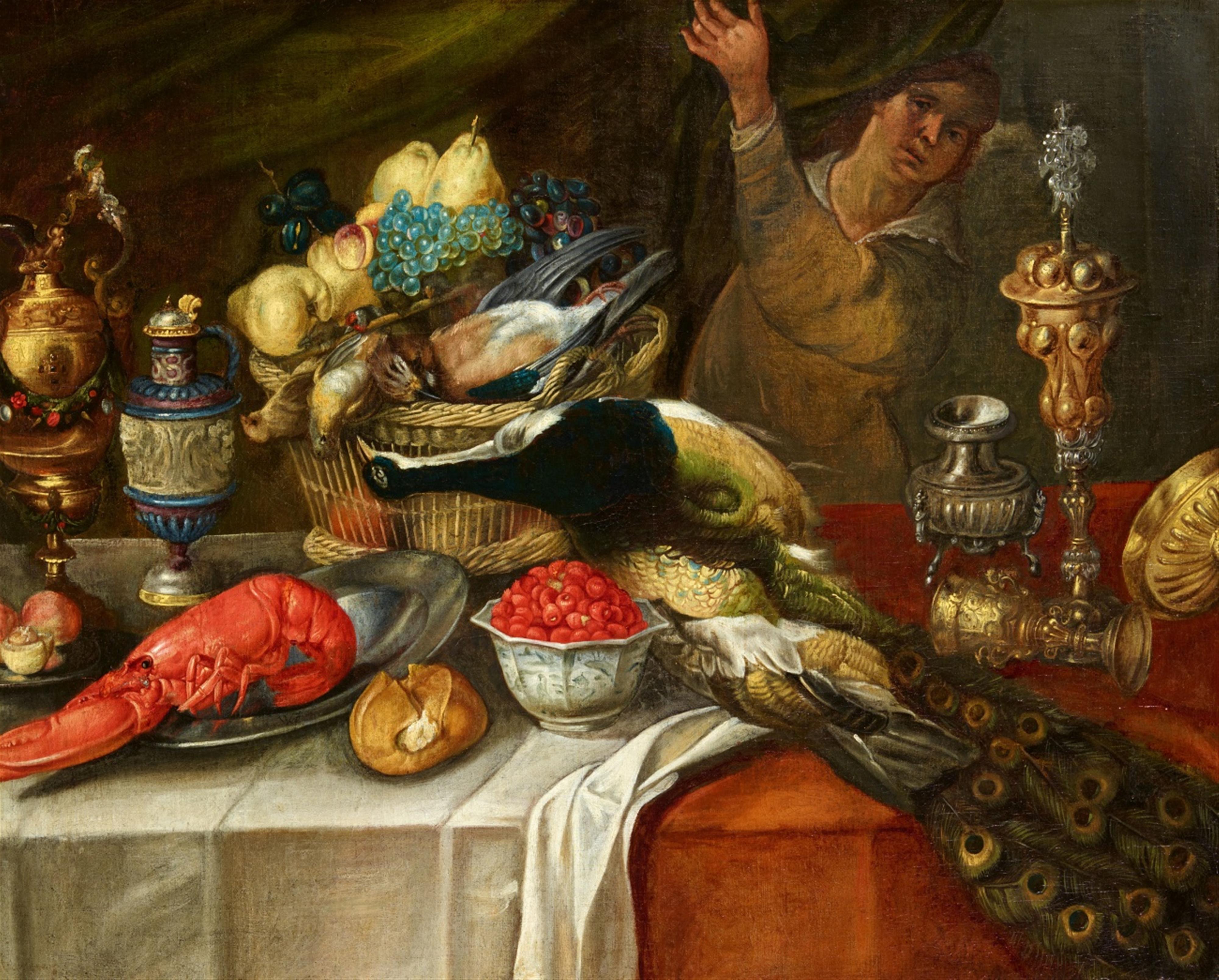 Jan van Kessel d. Ä. - Großes Stillleben mit Hummer, Vögeln, Früchten und Renaissance-Pokalen - image-1