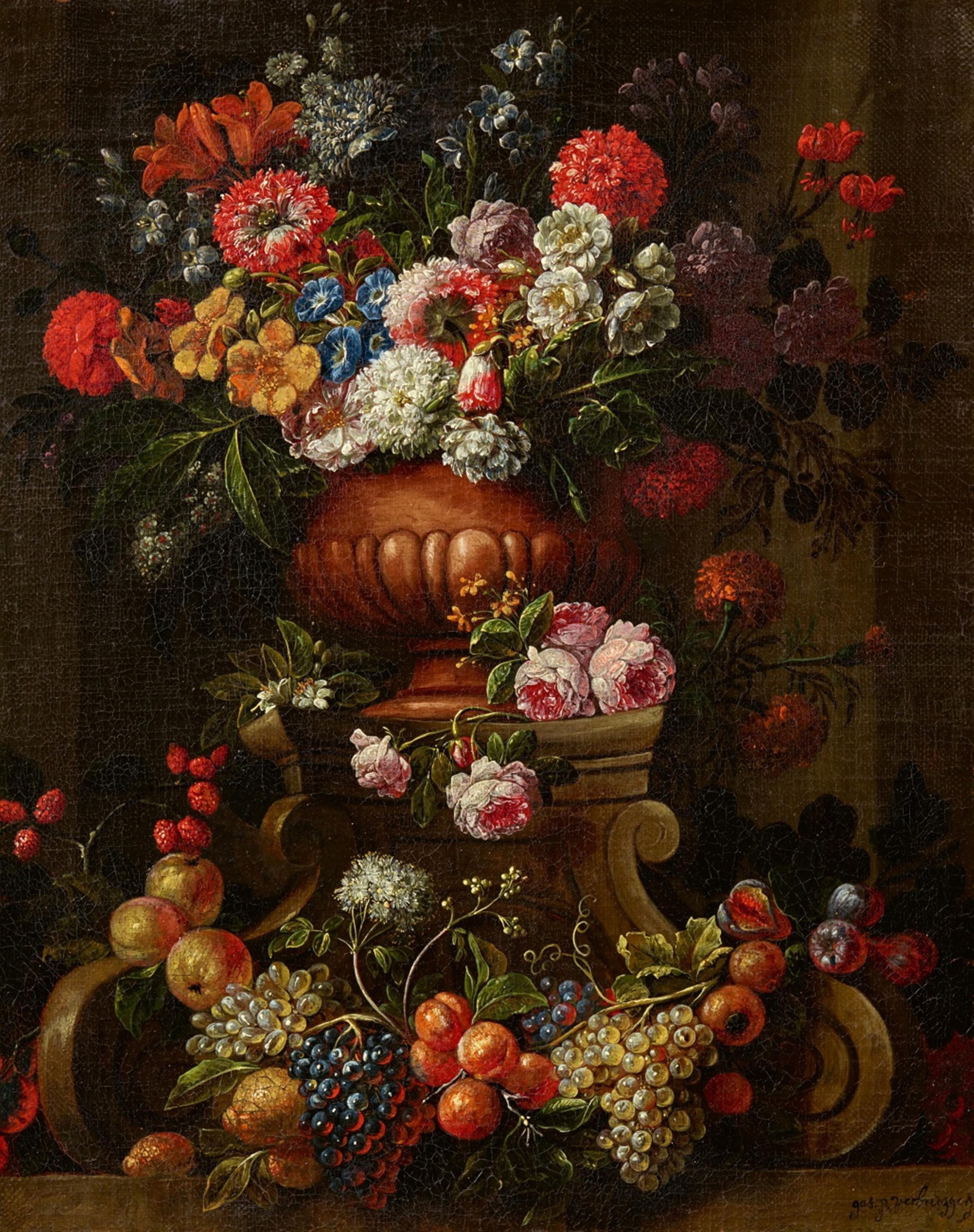 Gaspar Peeter Verbruggen d. Ä. - Früchtestillleben an einem Steinsockel und Blumen in einer Tonvase - image-1