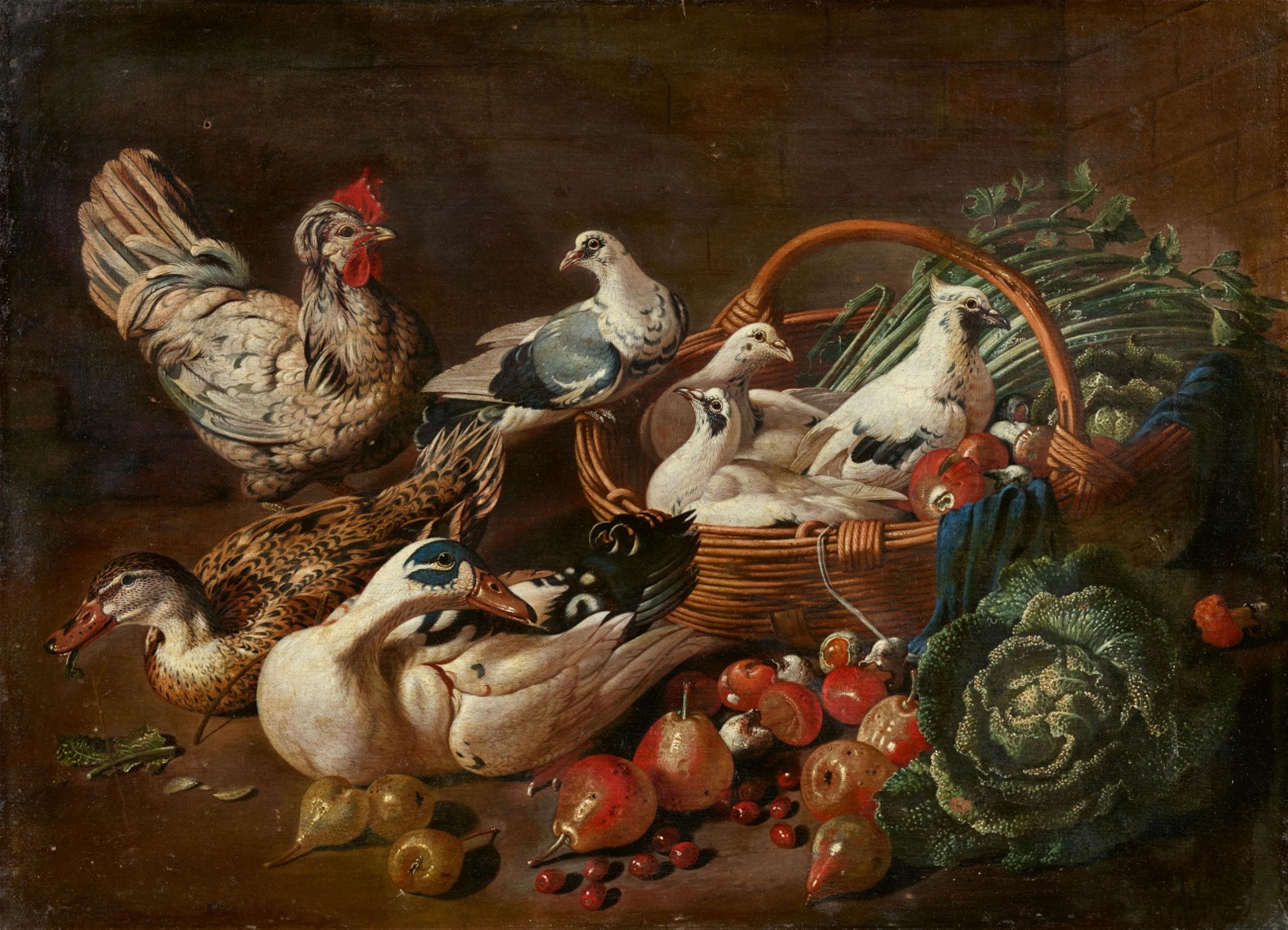 Jacob van de Kerckhoven - Large Still Life with Vegetables, Fruit, Pidgeons, Ducks, and a Rooster - image-1
