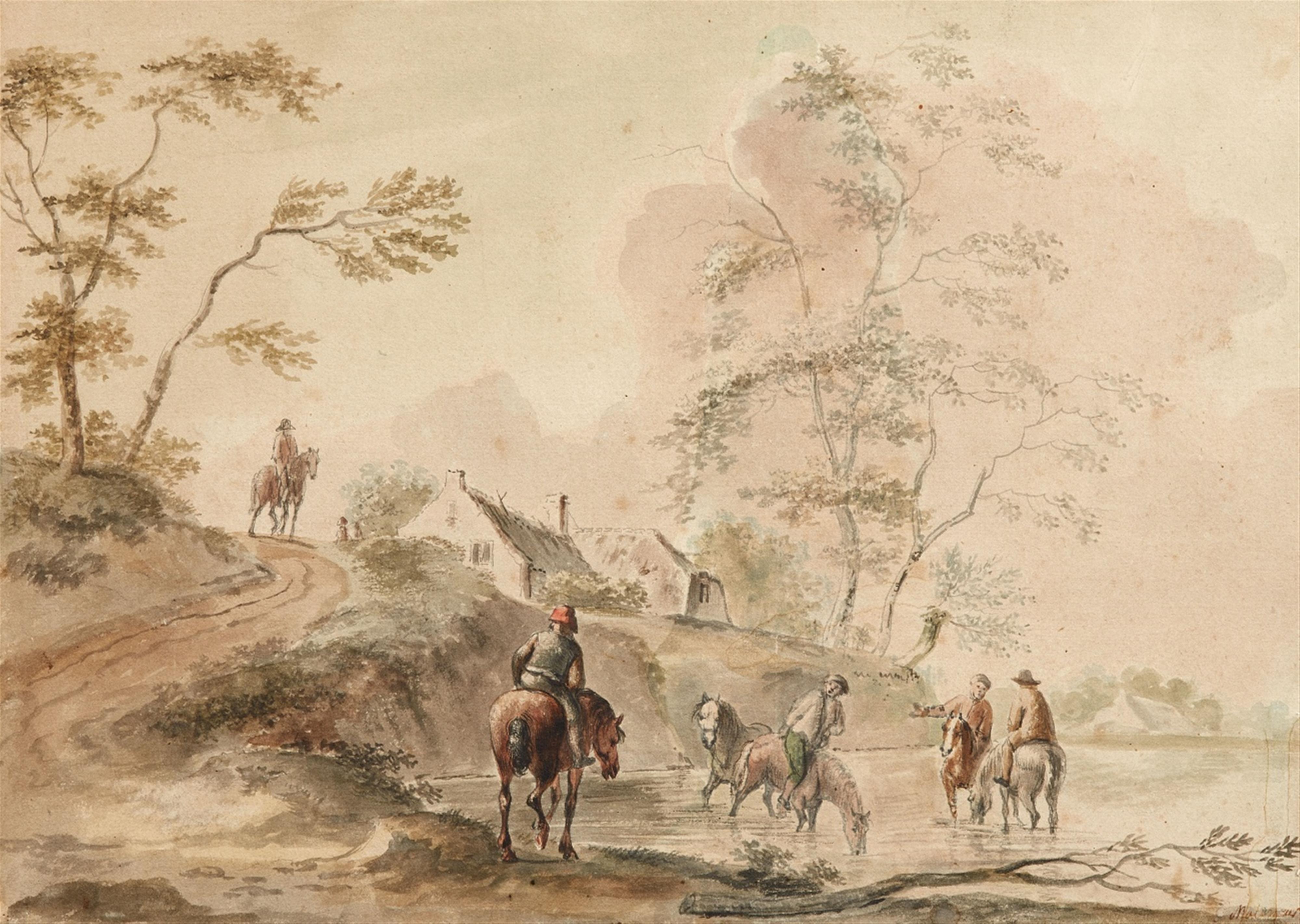 Klaes (Nicolaes) Molenaer - Landschaft mit Reitern, die ihre Pferde an einem Fluss tränken - image-1