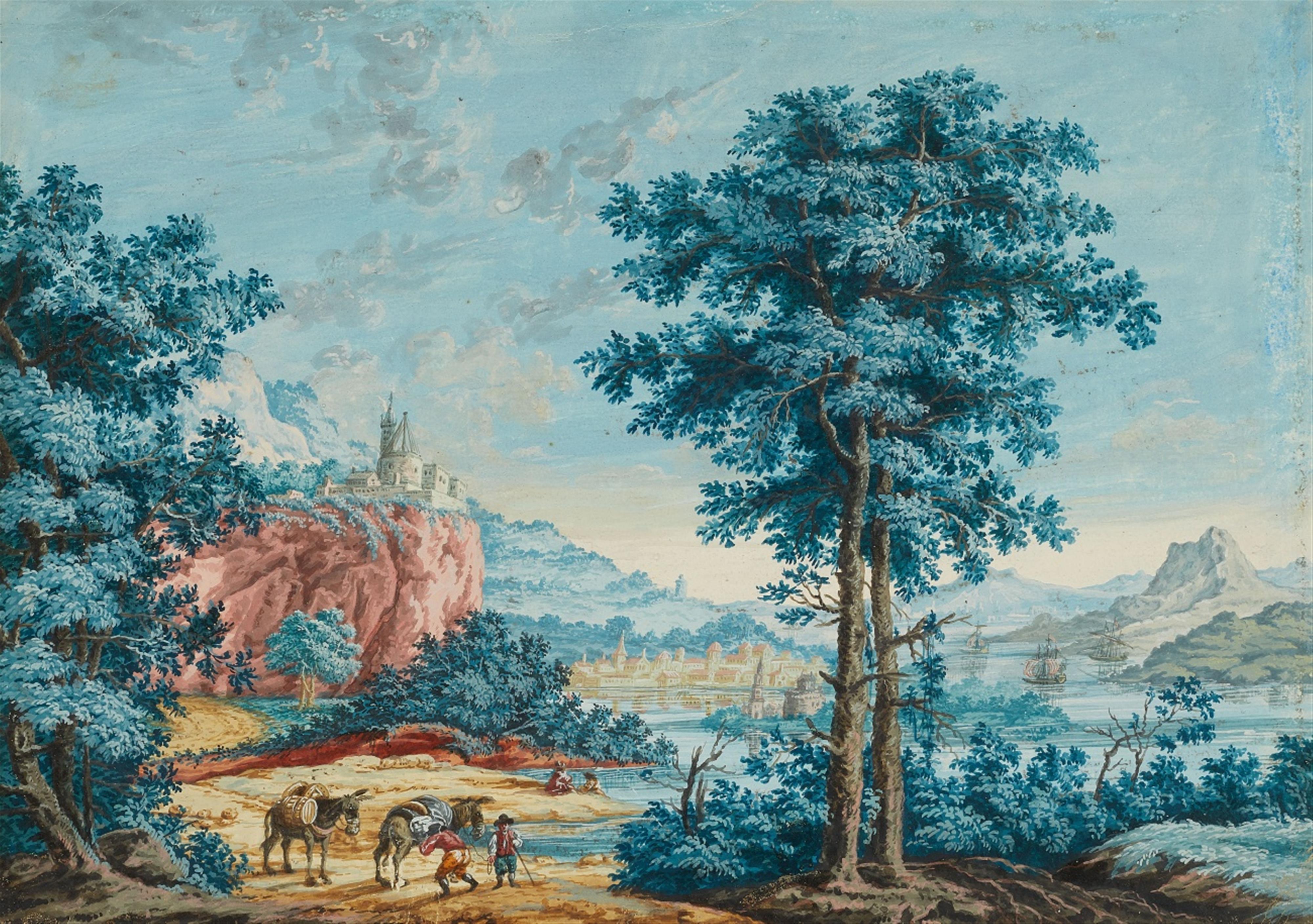 French School 18th century - Two Landscapes with Peasants and Donkeys - image-2