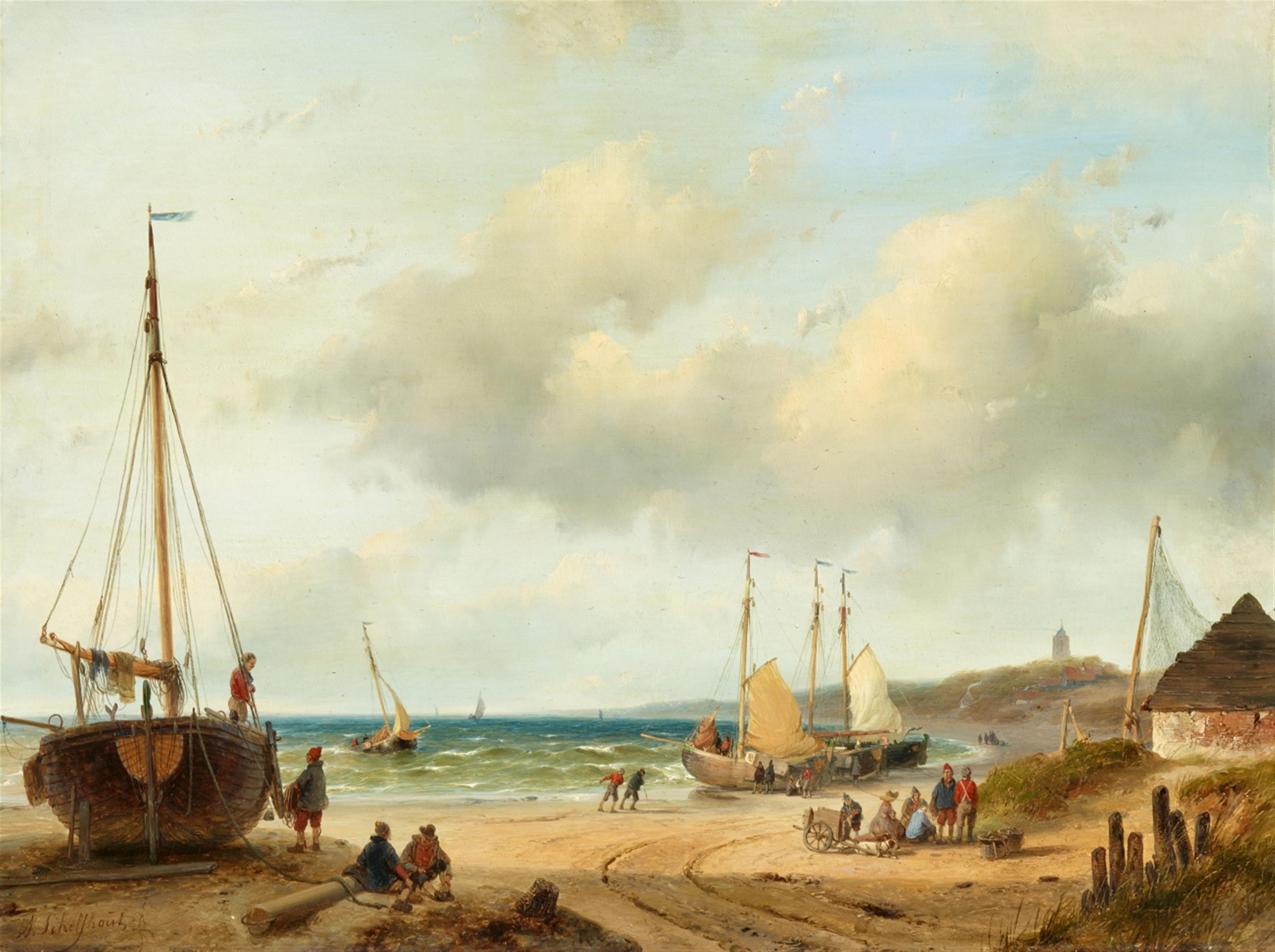 Andreas Schelfhout - Coastal Landscape with Fishermen and Heavily Laden Boats - image-1