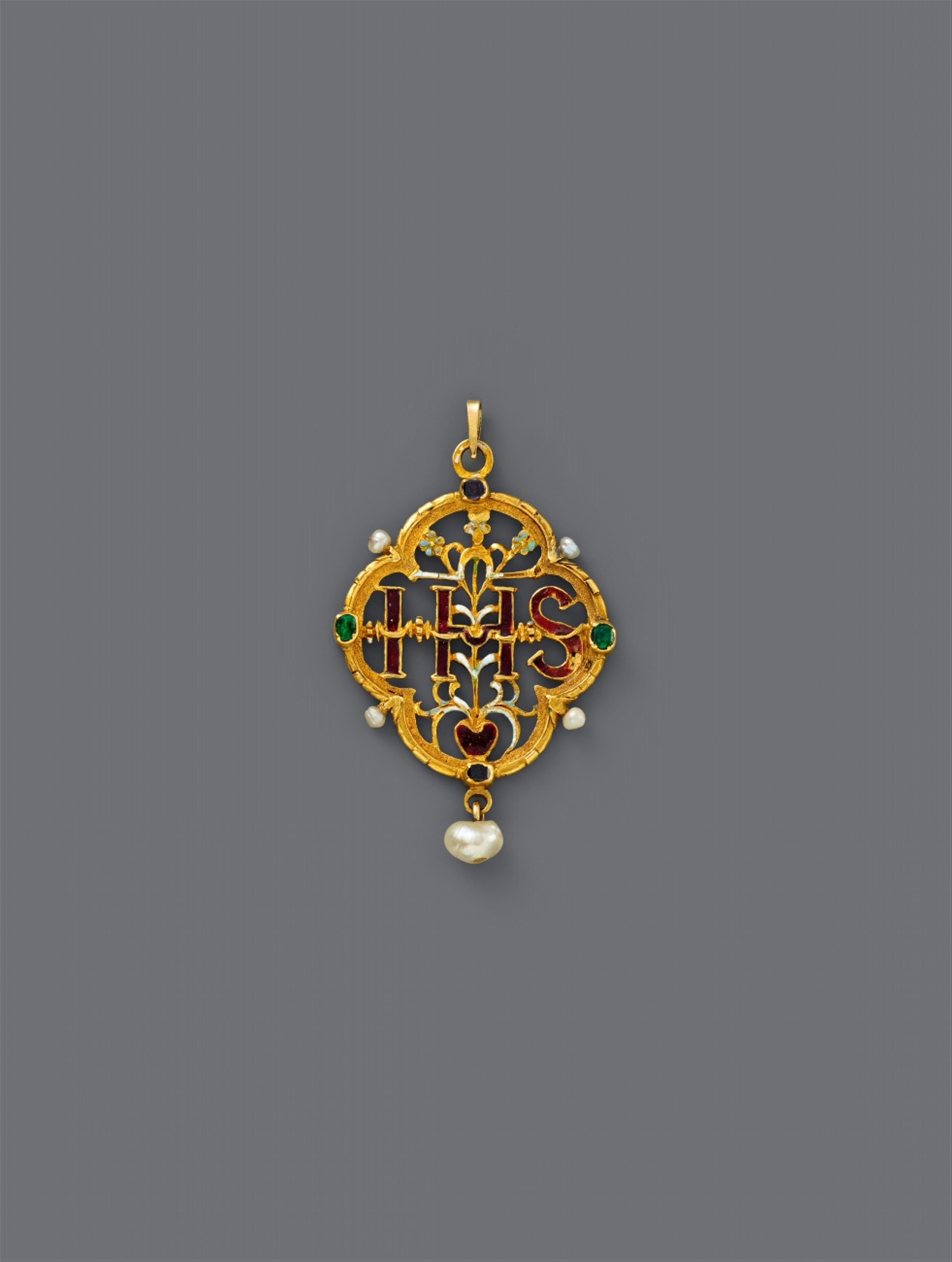 Probably South German second half 16th century - An enamelled gold pendant with the IHS monogram, probably South German, second half 16th century - image-1