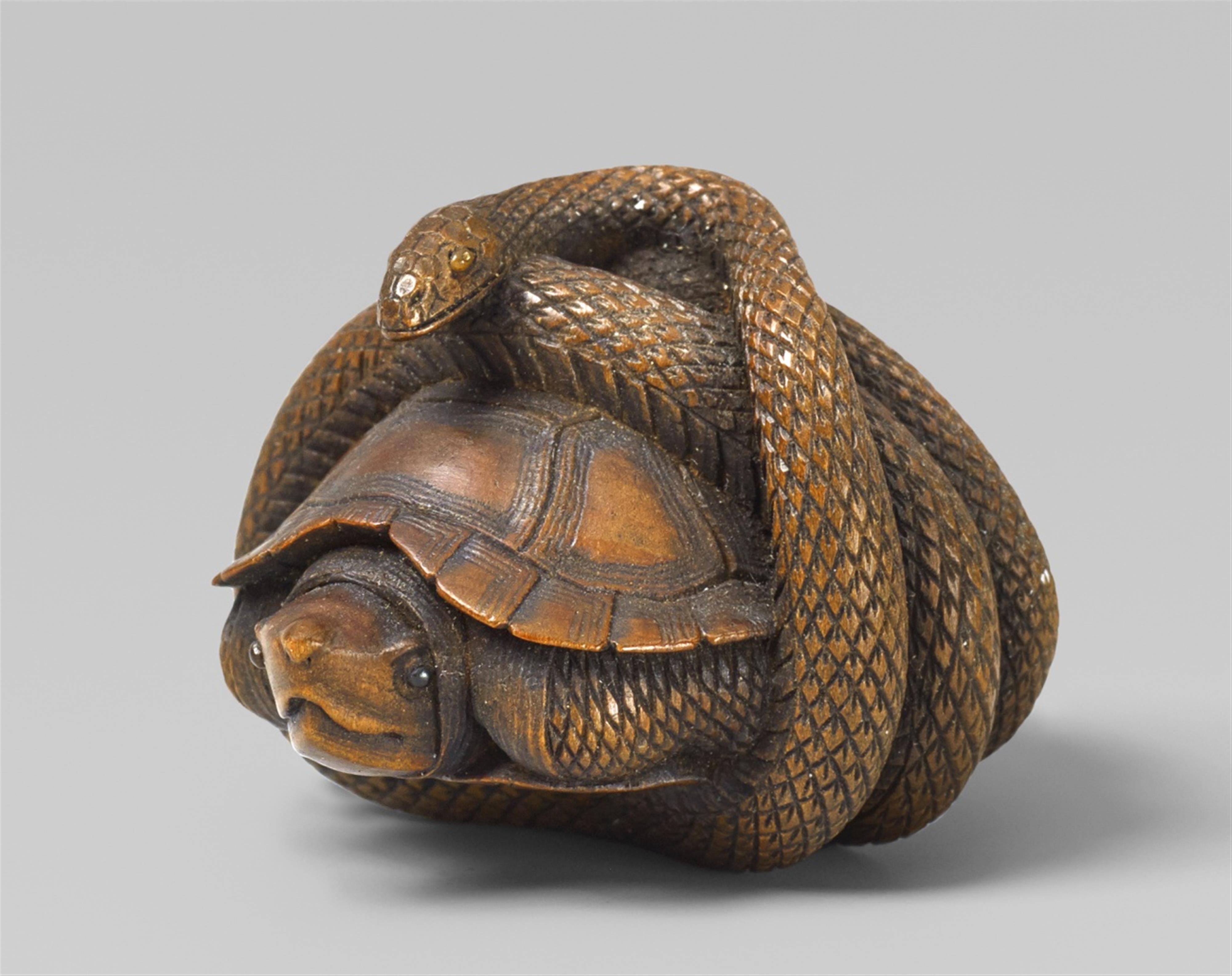 A boxwood netsuke of a snake winding around a tortoise. 19th century - image-1